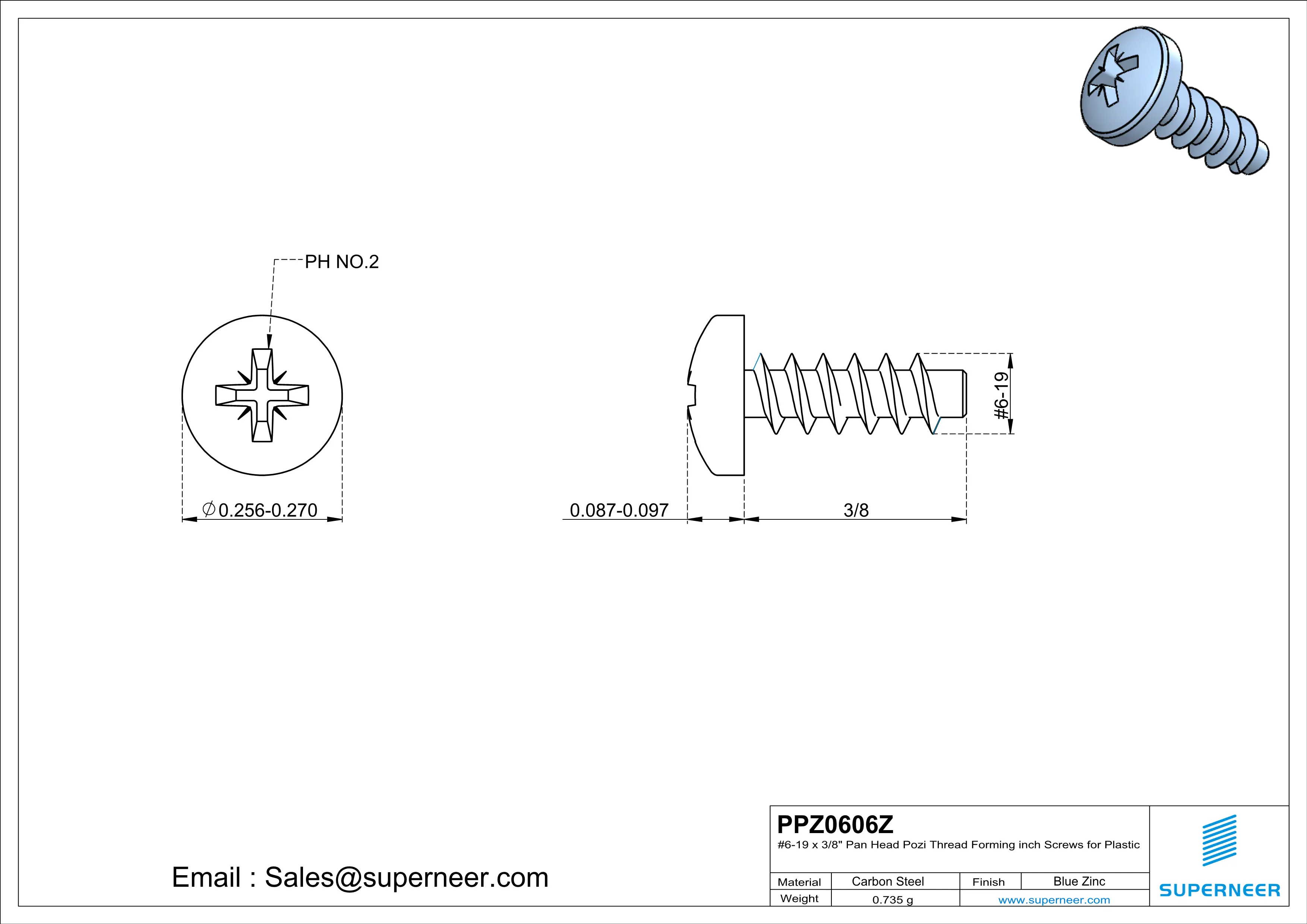 6 × 3/8" Pan Head Pozi Thread Forming inch Screws for Plastic  Steel Blue Zinc Plated