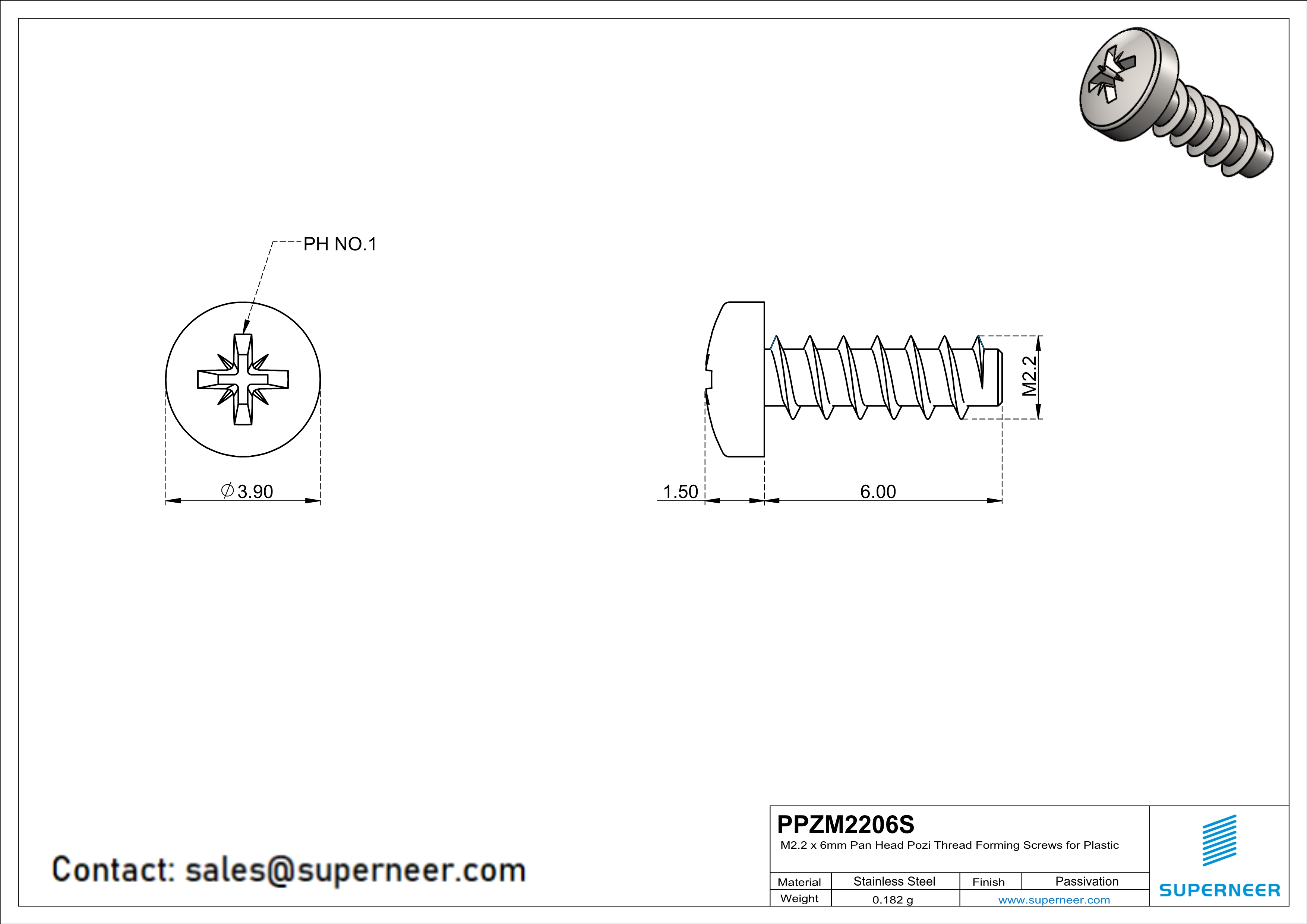 M2.2 × 6mm  Pan Head Pozi Thread Foming Screws for Plastic SUS304 Stainless Steel Inox