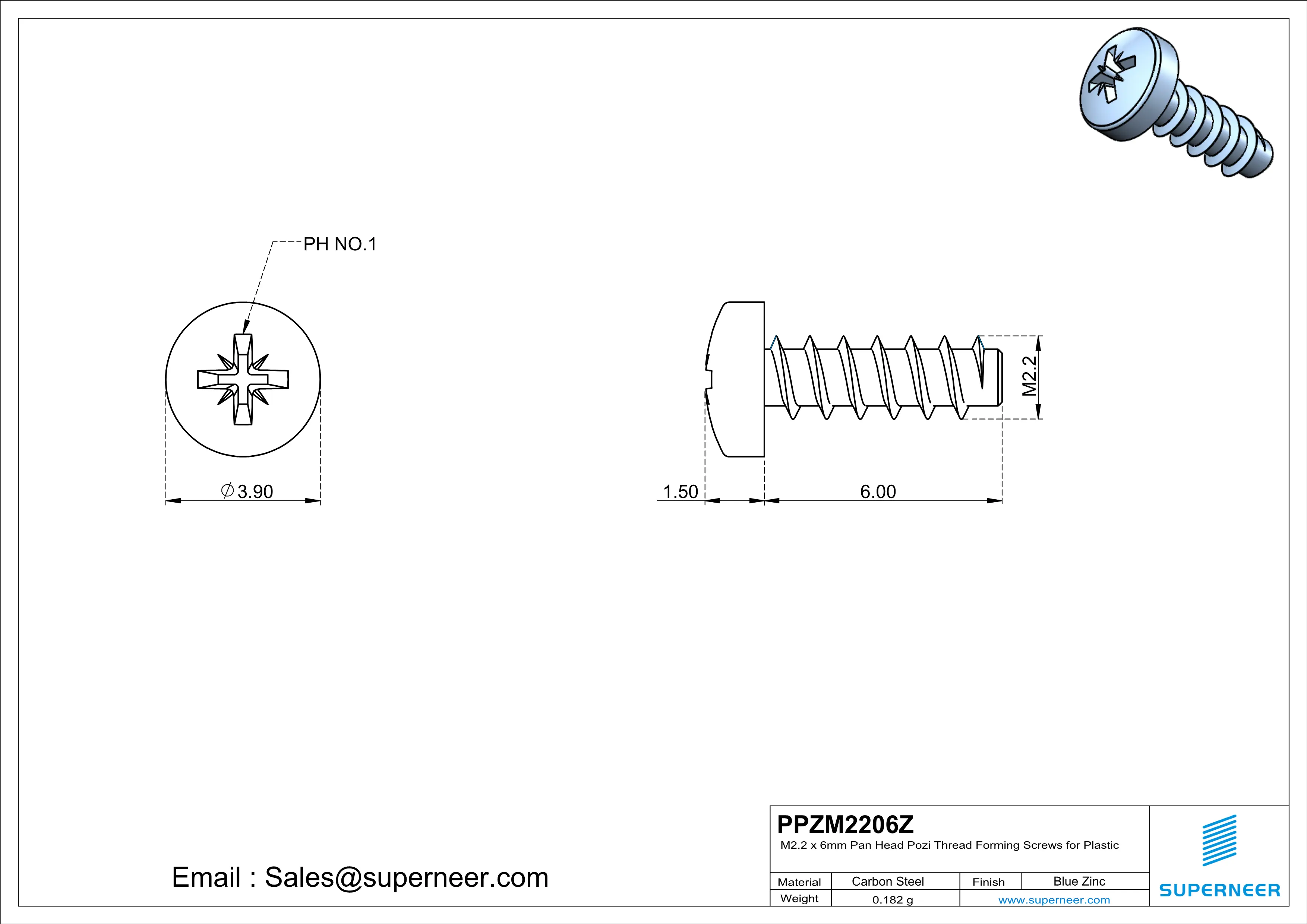 M2.2 × 6mm  Pan Head Pozi Thread Foming Screws for Plastic   Steel Blue Zinc Plated