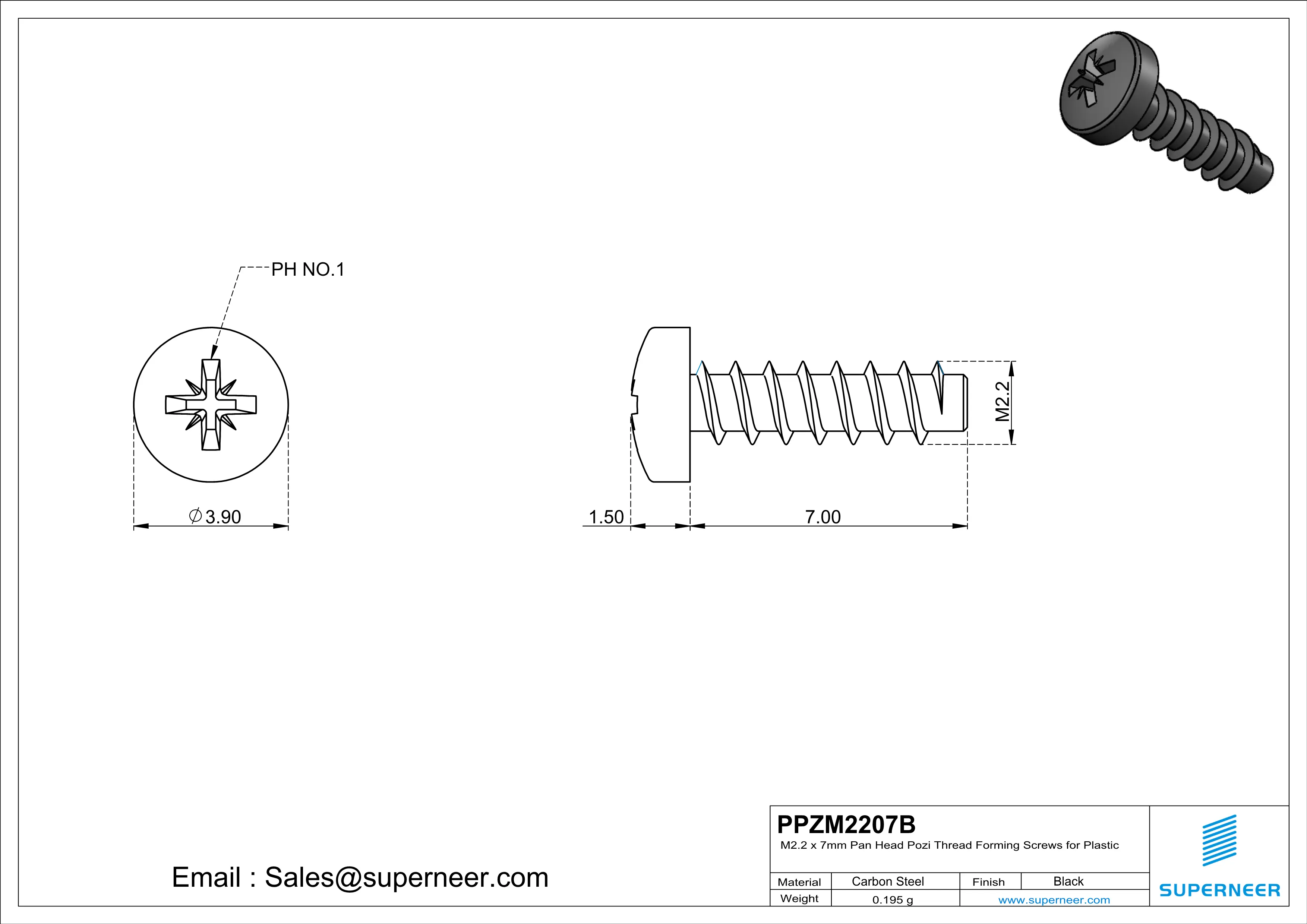 M2.2 × 7mm  Pan Head Pozi Thread Foming Screws for Plastic   Steel Black