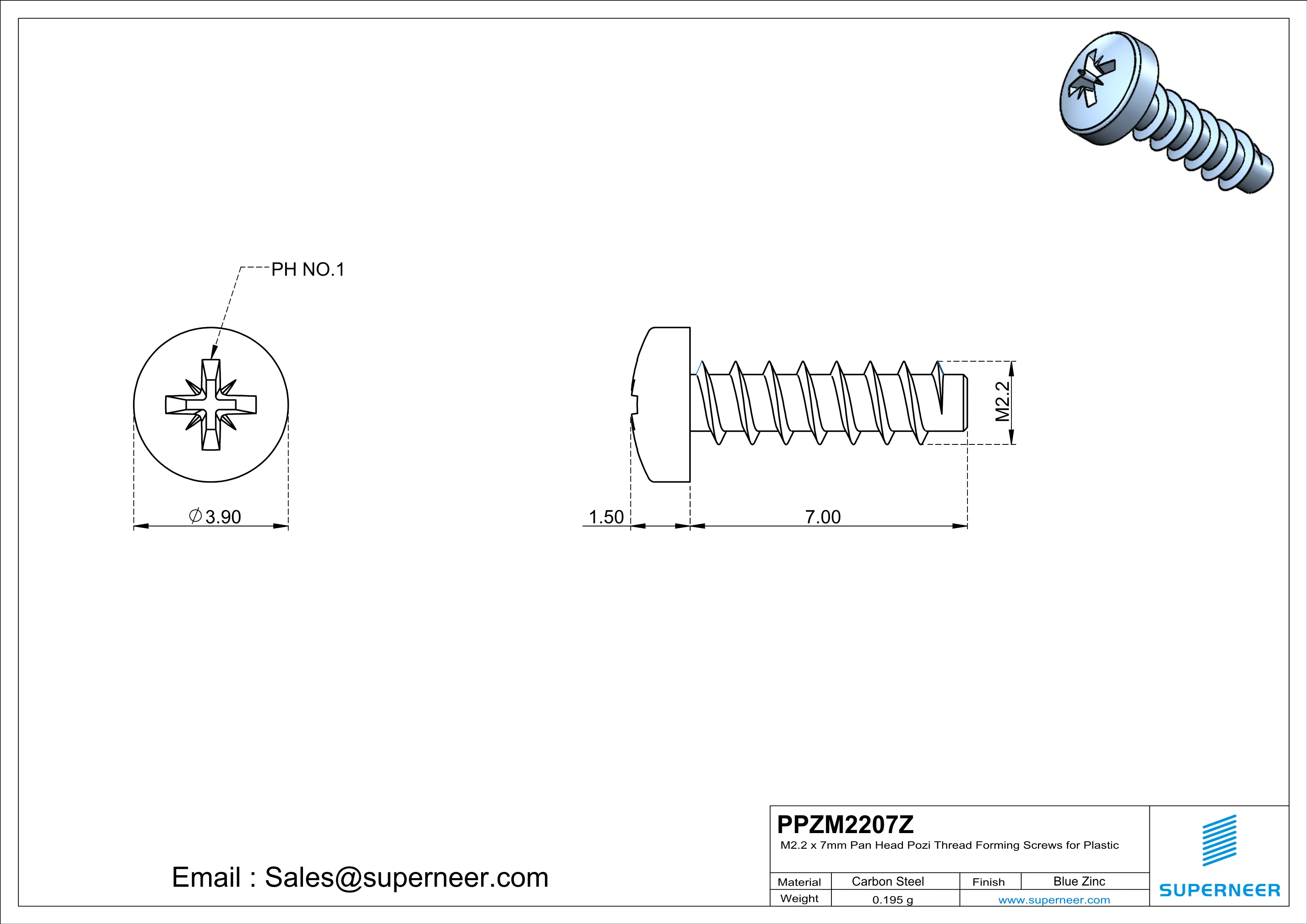 M2.2 × 7mm  Pan Head Pozi Thread Foming Screws for Plastic   Steel Blue Zinc Plated