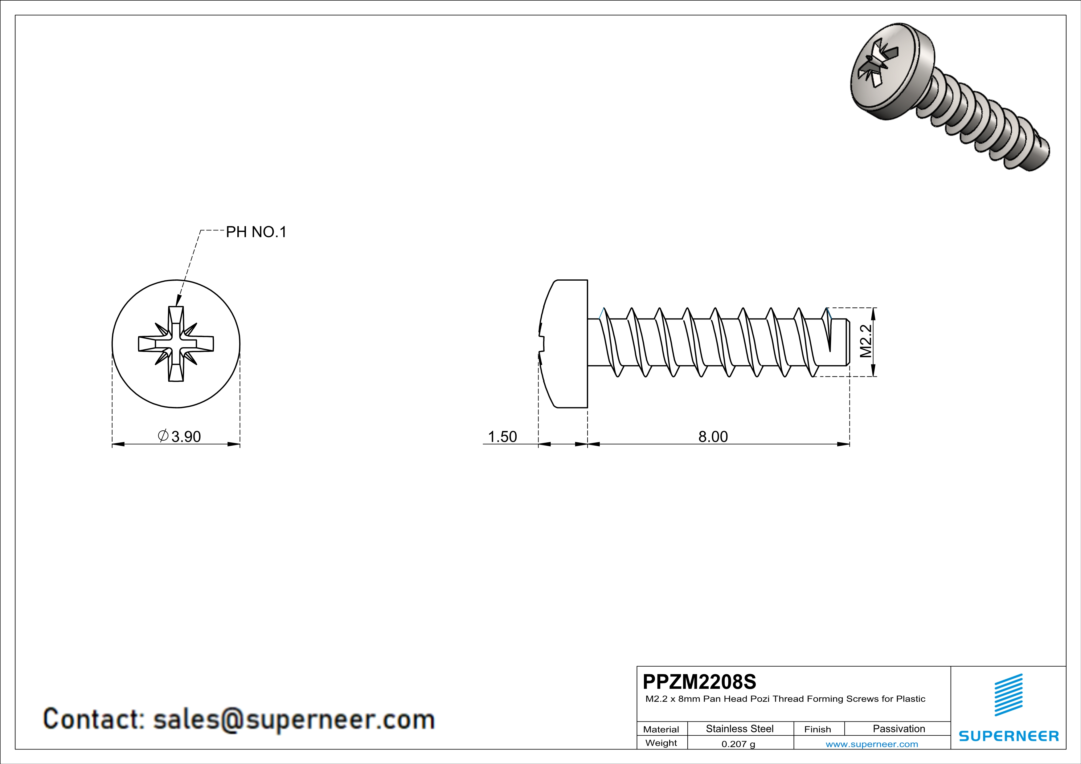 M2.2 × 8mm  Pan Head Pozi Thread Foming Screws for Plastic SUS304 Stainless Steel Inox