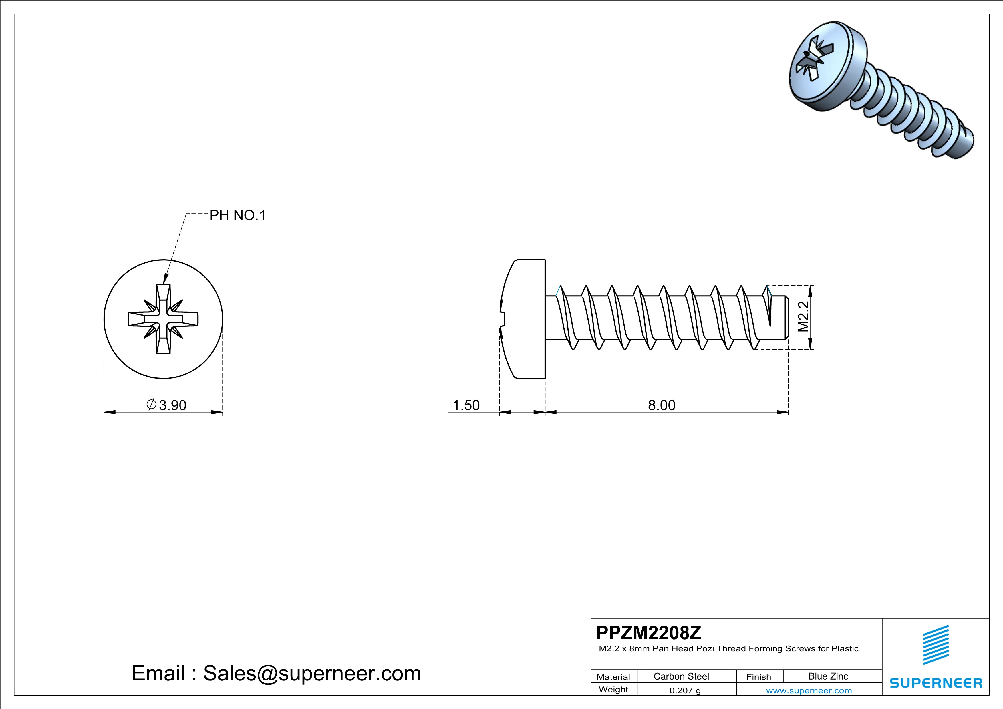 M2.2 × 8mm  Pan Head Pozi Thread Foming Screws for Plastic   Steel Blue Zinc Plated