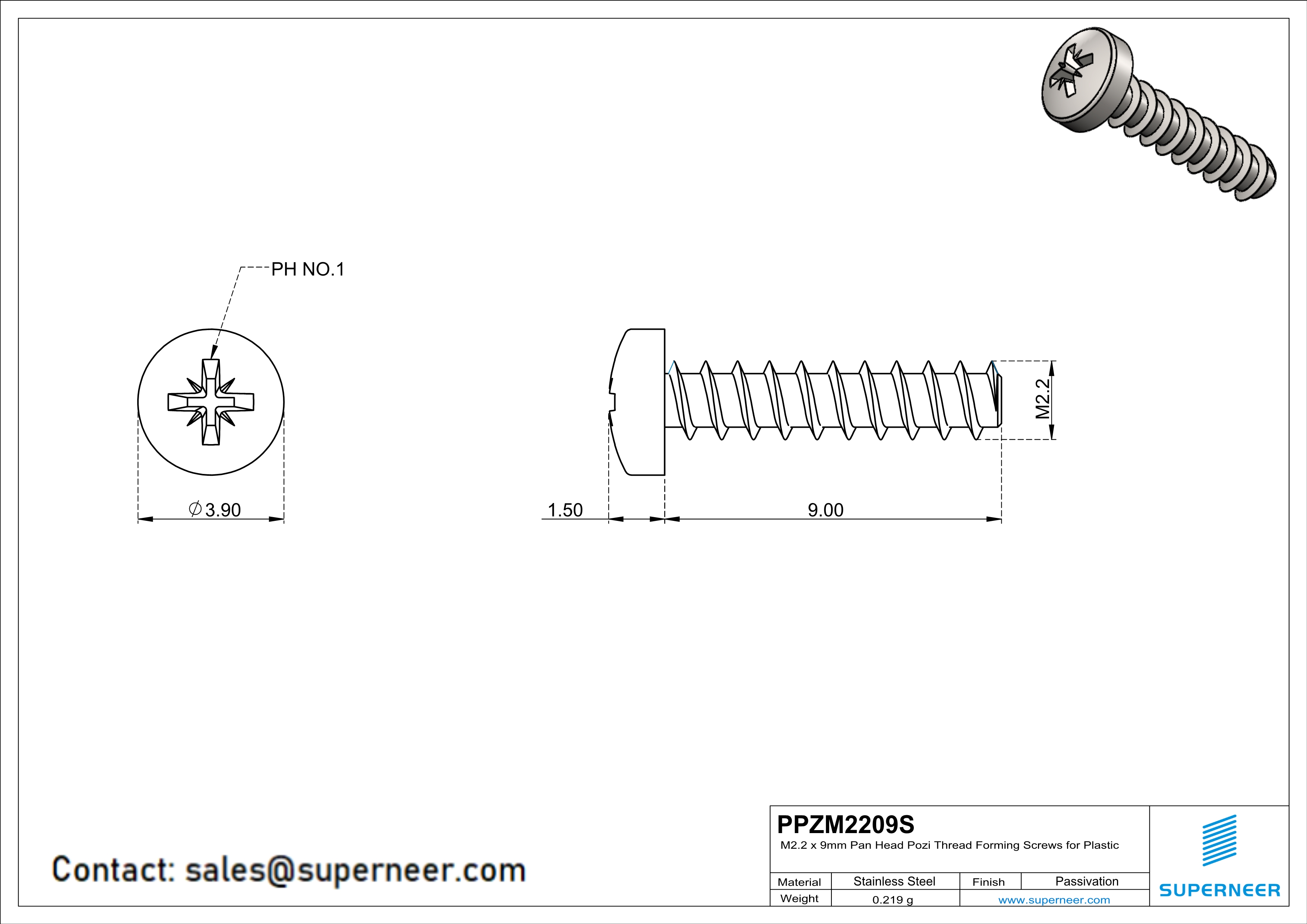 M2.2 × 9mm  Pan Head Pozi Thread Foming Screws for Plastic SUS304 Stainless Steel Inox