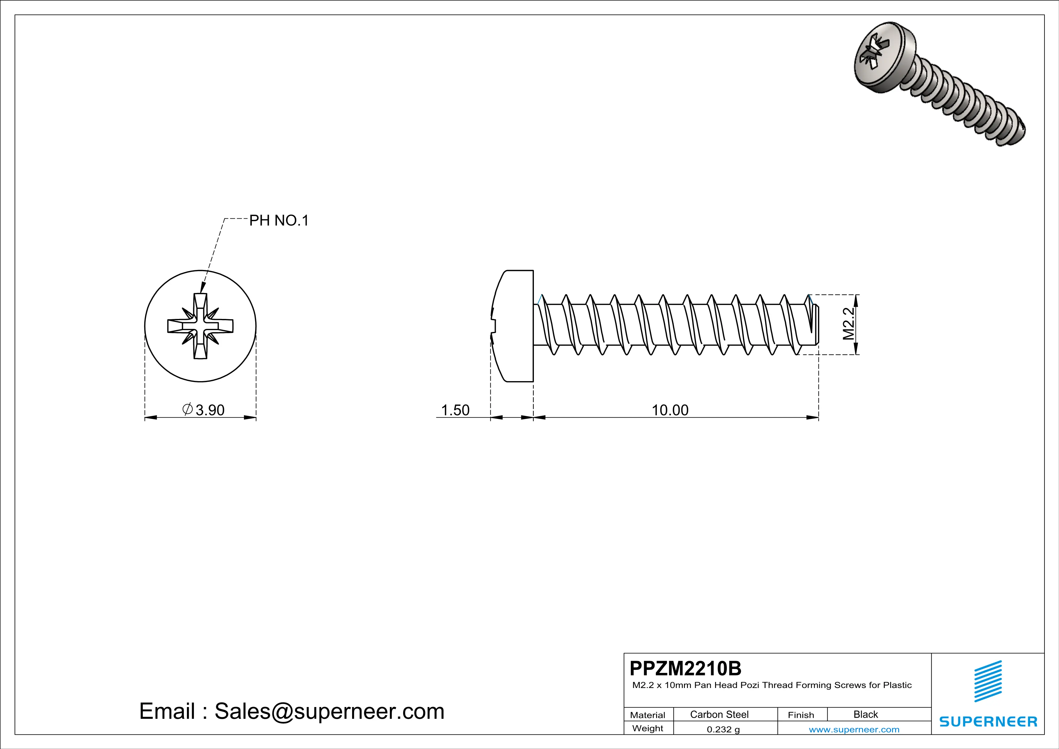 M2.2 × 10mm  Pan Head Pozi Thread Foming Screws for Plastic   Steel Black