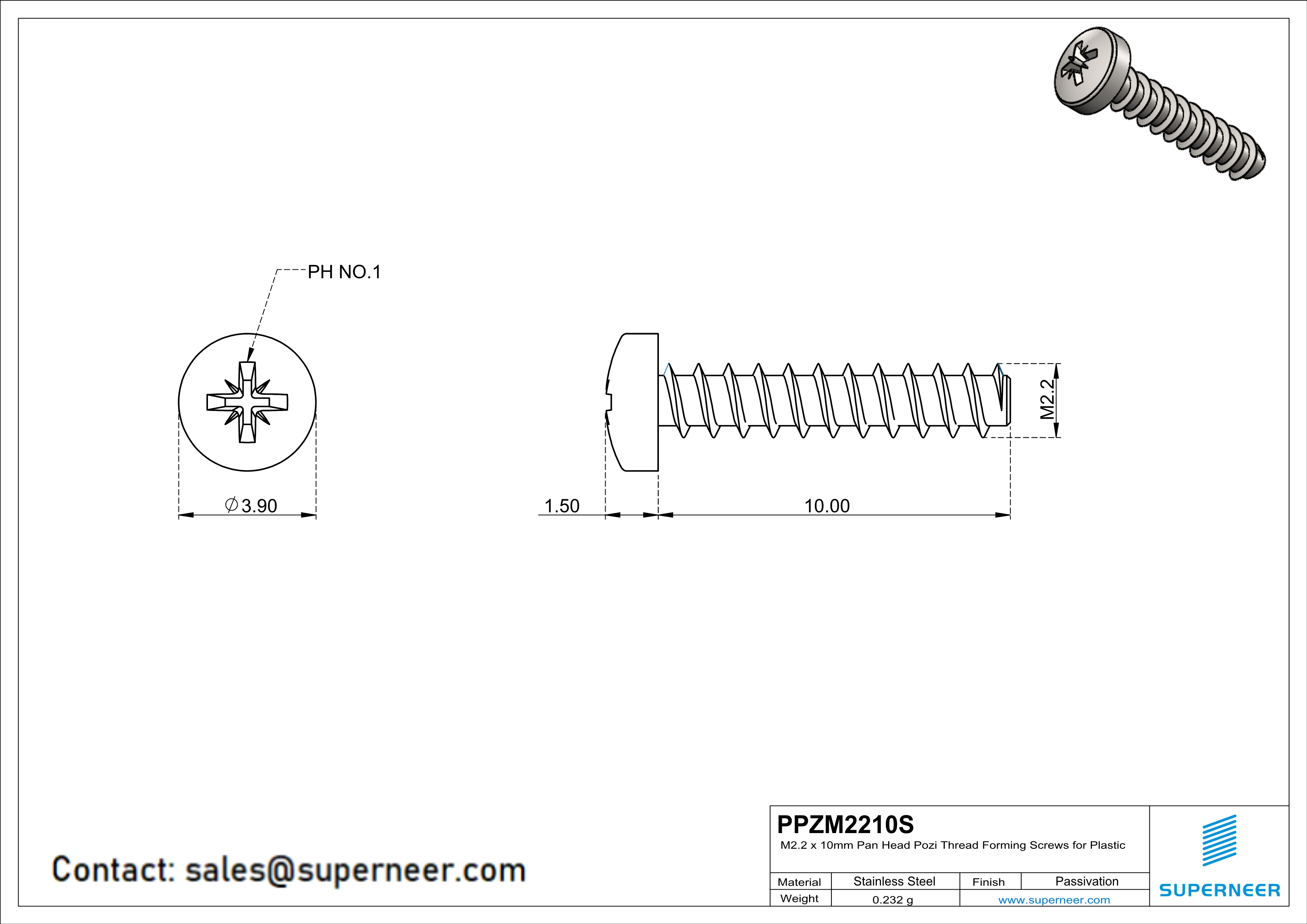 M2.2 × 10mm  Pan Head Pozi Thread Foming Screws for Plastic SUS304 Stainless Steel Inox