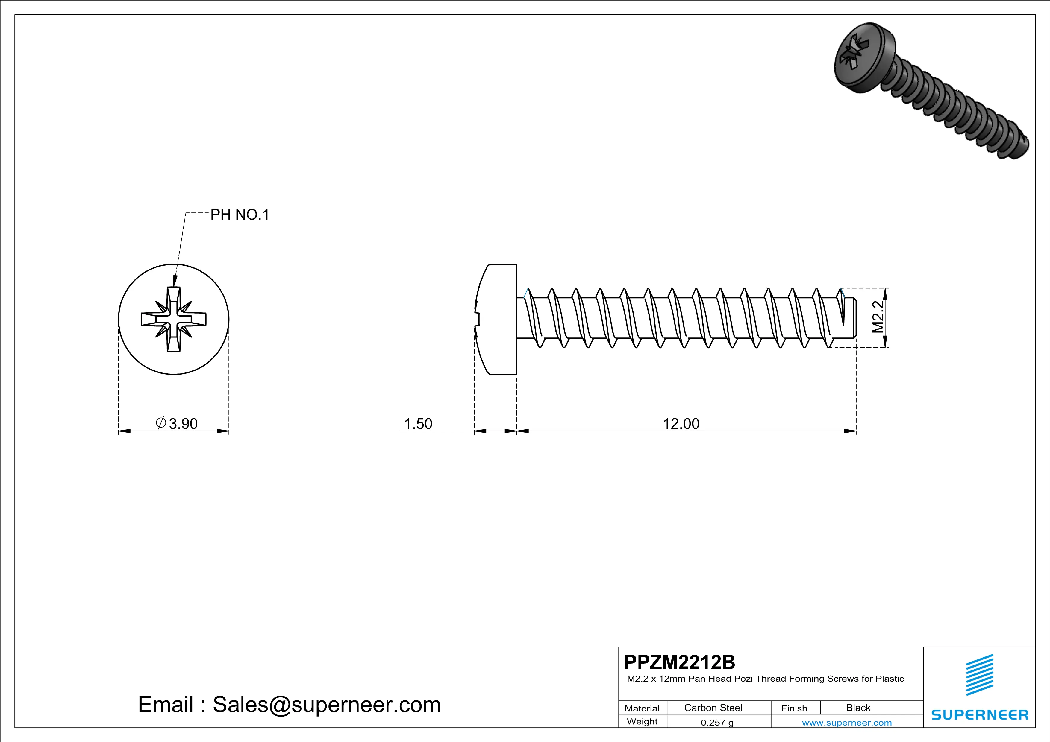 M2.2 × 12mm  Pan Head Pozi Thread Foming Screws for Plastic   Steel Black