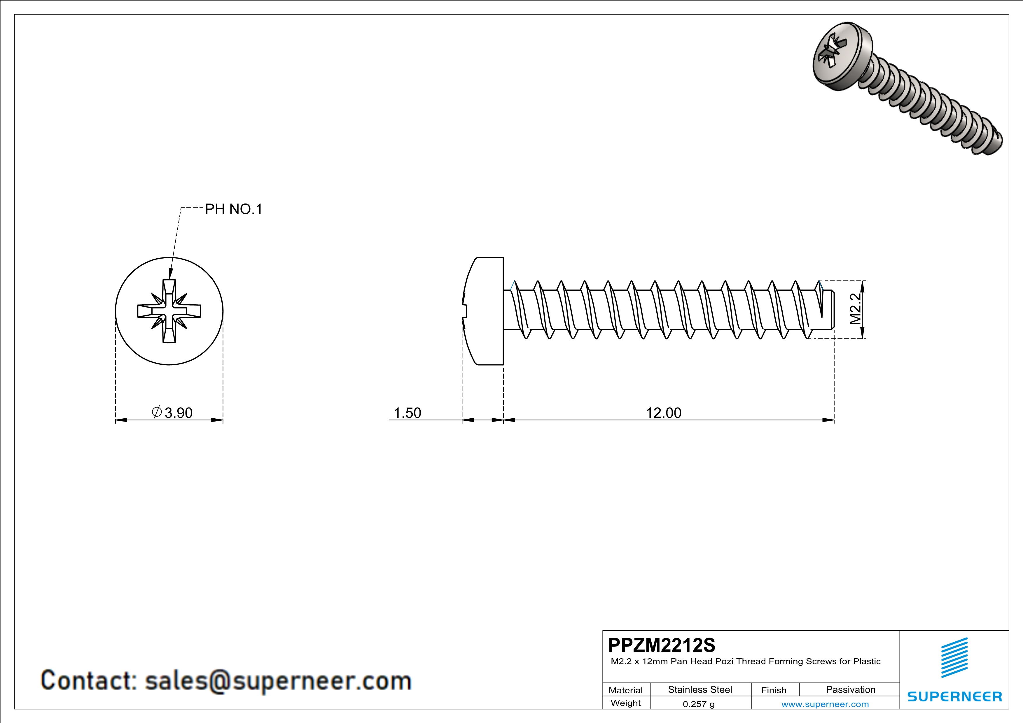 M2.2 × 12mm  Pan Head Pozi Thread Foming Screws for Plastic SUS304 Stainless Steel Inox