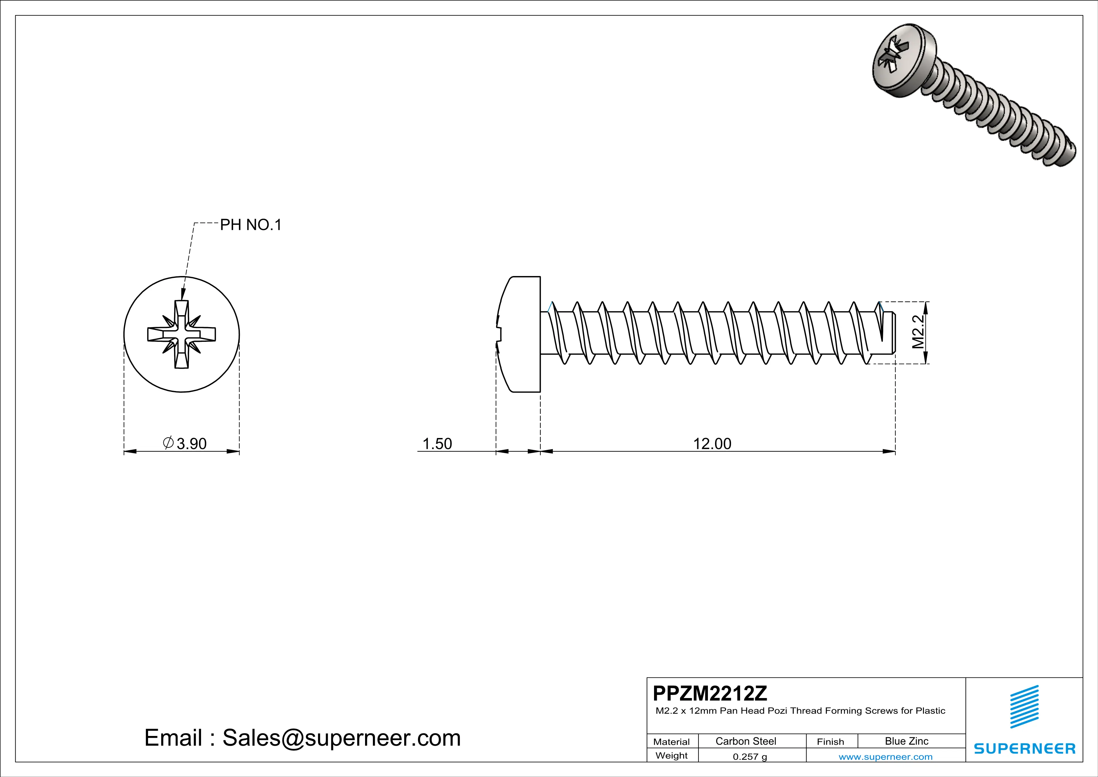 M2.2 × 12mm  Pan Head Pozi Thread Foming Screws for Plastic   Steel Blue Zinc Plated