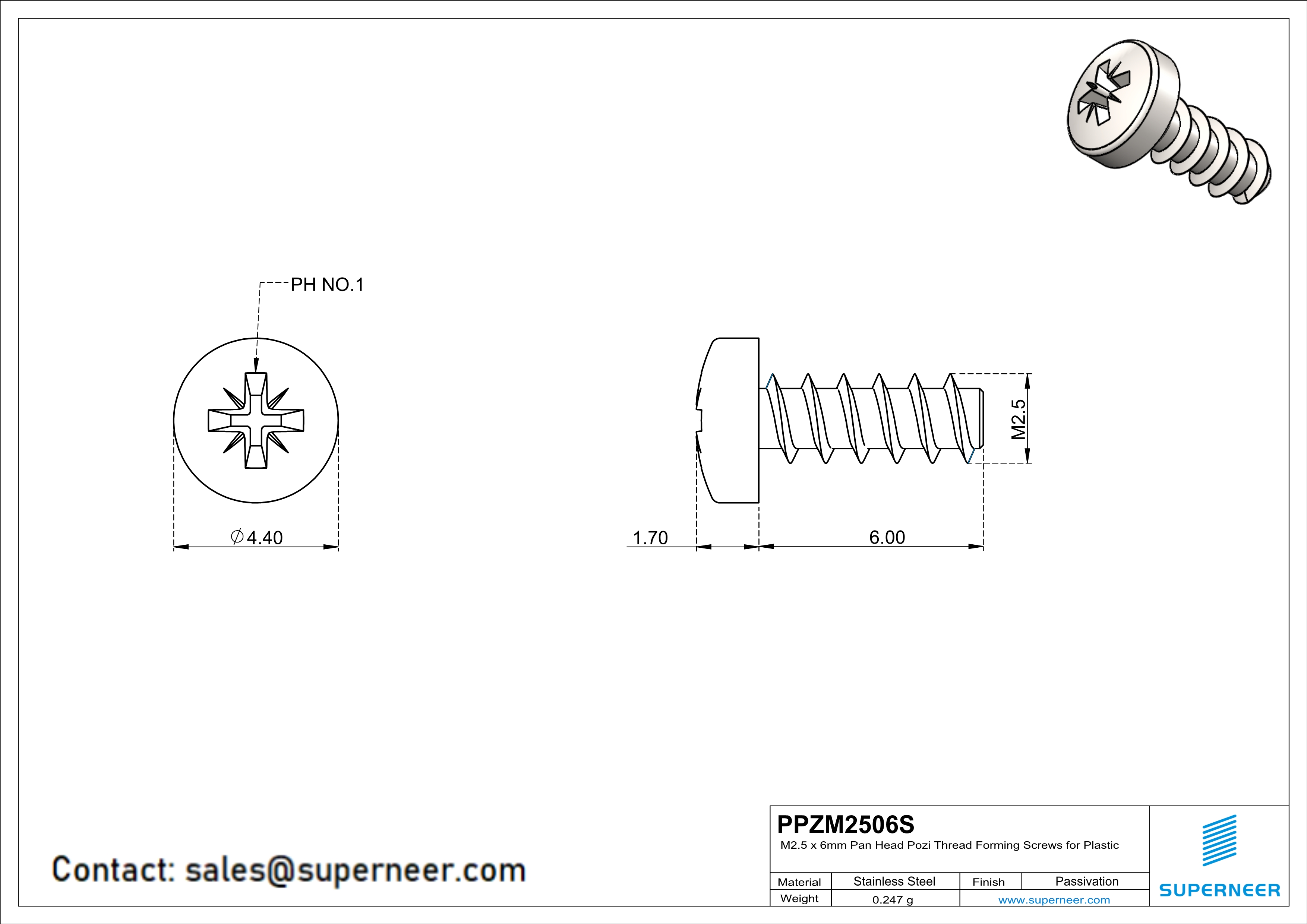 M2.5 × 6mm  Pan Head Pozi Thread Foming Screws for Plastic SUS304 Stainless Steel Inox