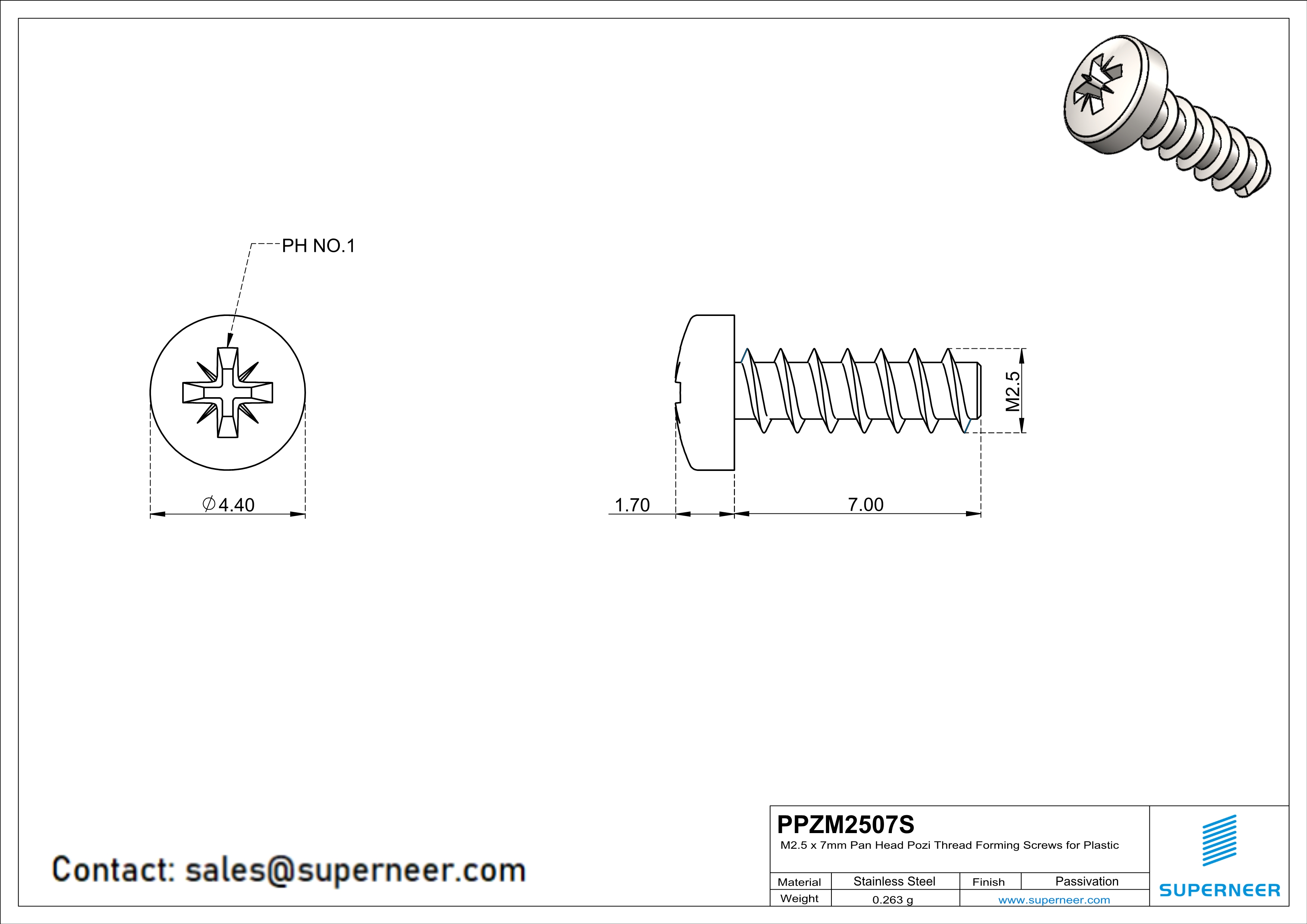 M2.5 × 7mm  Pan Head Pozi Thread Foming Screws for Plastic SUS304 Stainless Steel Inox