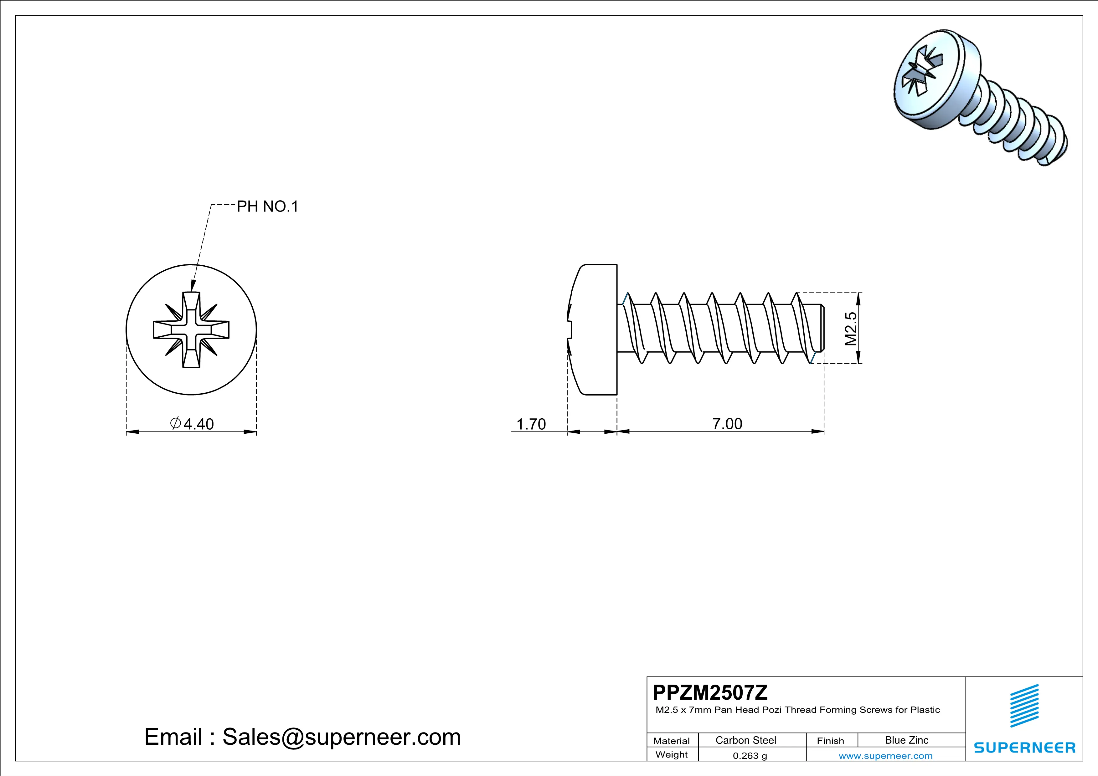 M2.5 × 7mm  Pan Head Pozi Thread Foming Screws for Plastic   Steel Blue Zinc Plated