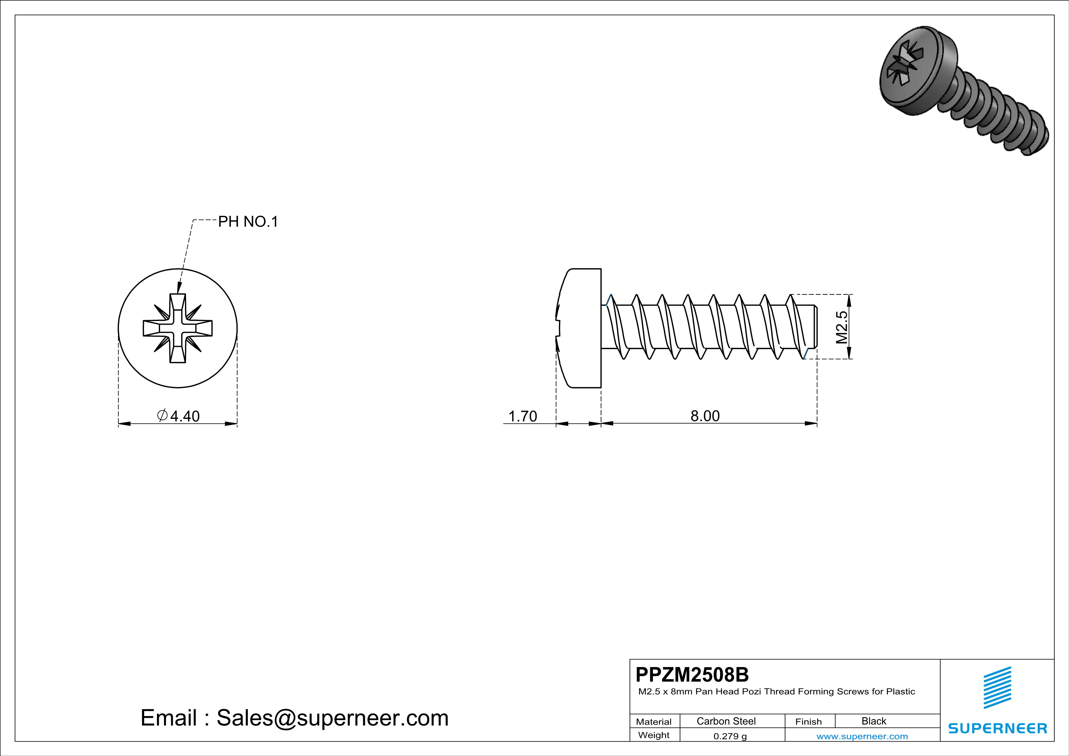 M2.5 × 8mm  Pan Head Pozi Thread Foming Screws for Plastic   Steel Black