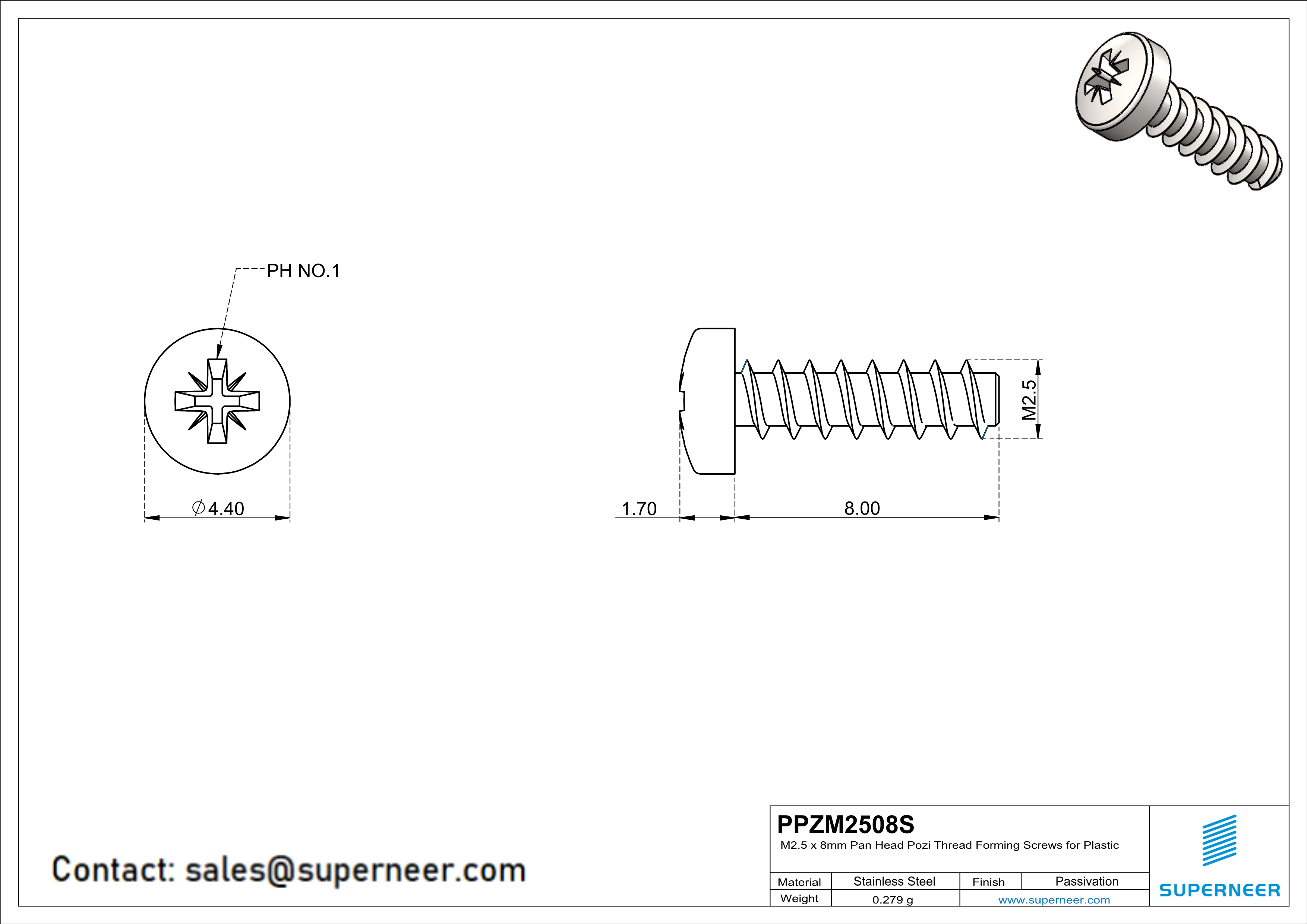 M2.5 × 8mm  Pan Head Pozi Thread Foming Screws for Plastic SUS304 Stainless Steel Inox