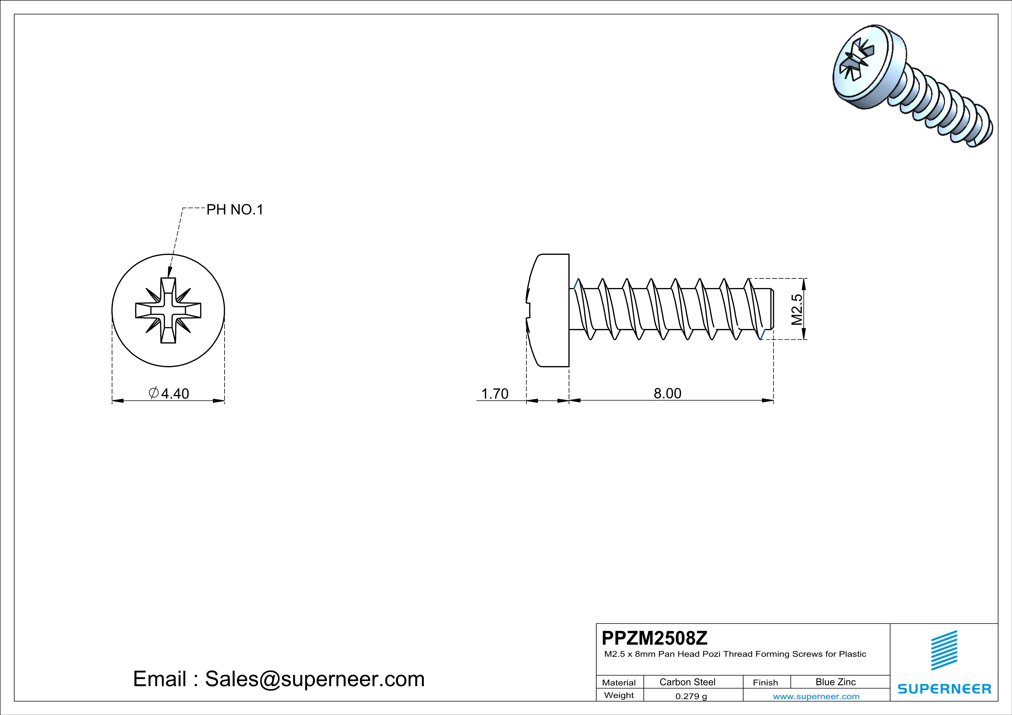 M2.5 × 8mm  Pan Head Pozi Thread Foming Screws for Plastic   Steel Blue Zinc Plated