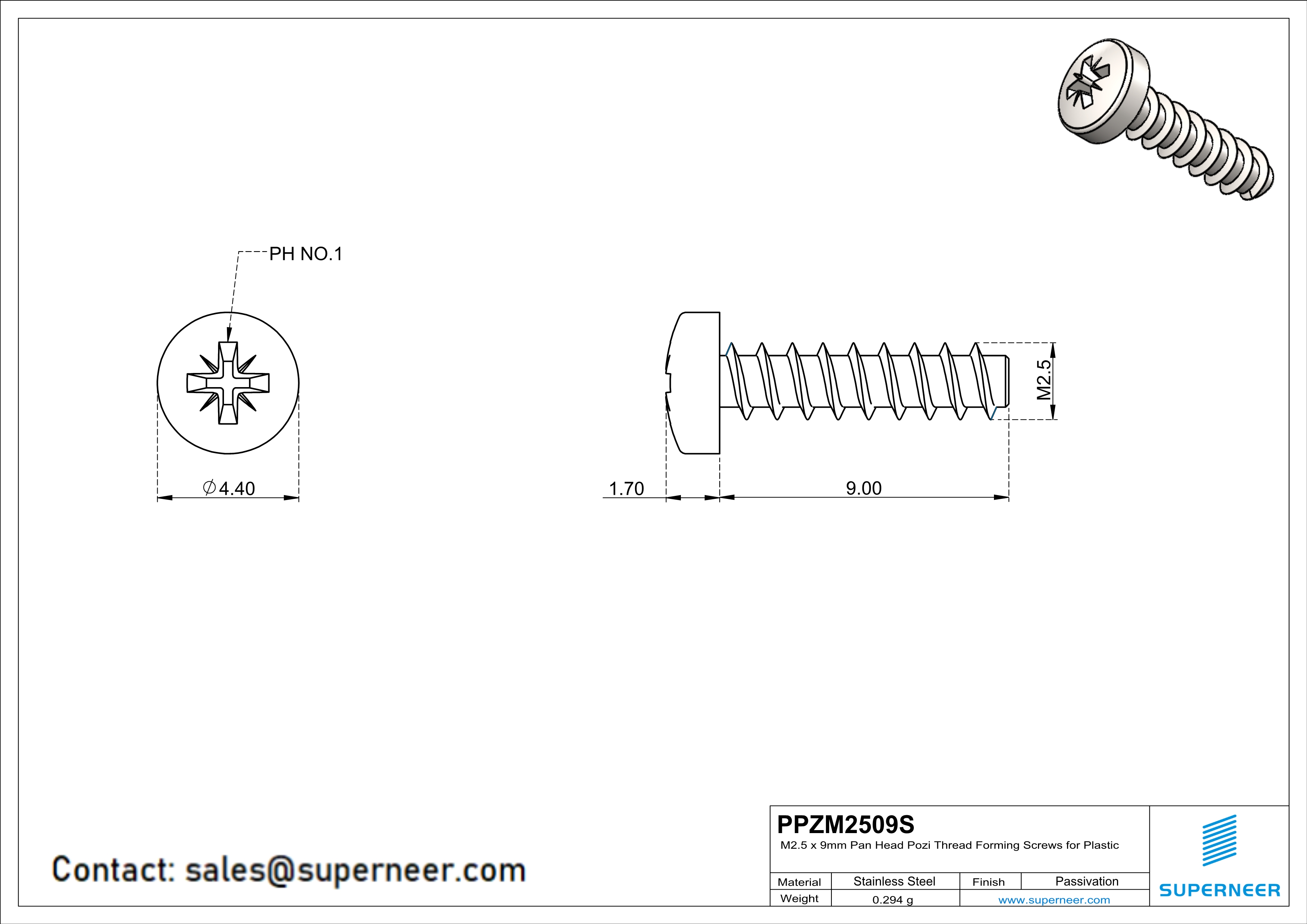 M2.5 × 9mm  Pan Head Pozi Thread Foming Screws for Plastic SUS304 Stainless Steel Inox