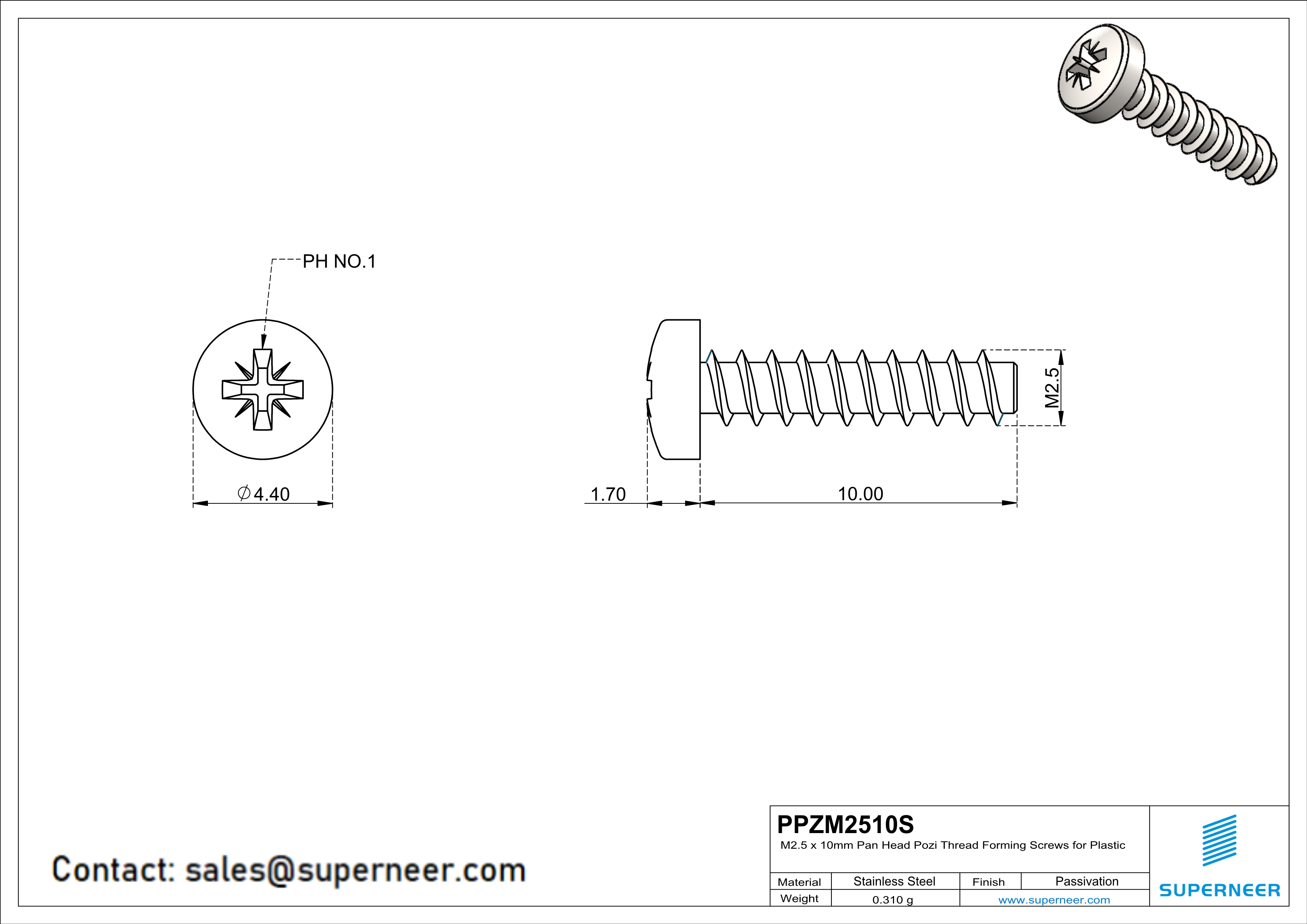 M2.5 × 10mm  Pan Head Pozi Thread Foming Screws for Plastic SUS304 Stainless Steel Inox