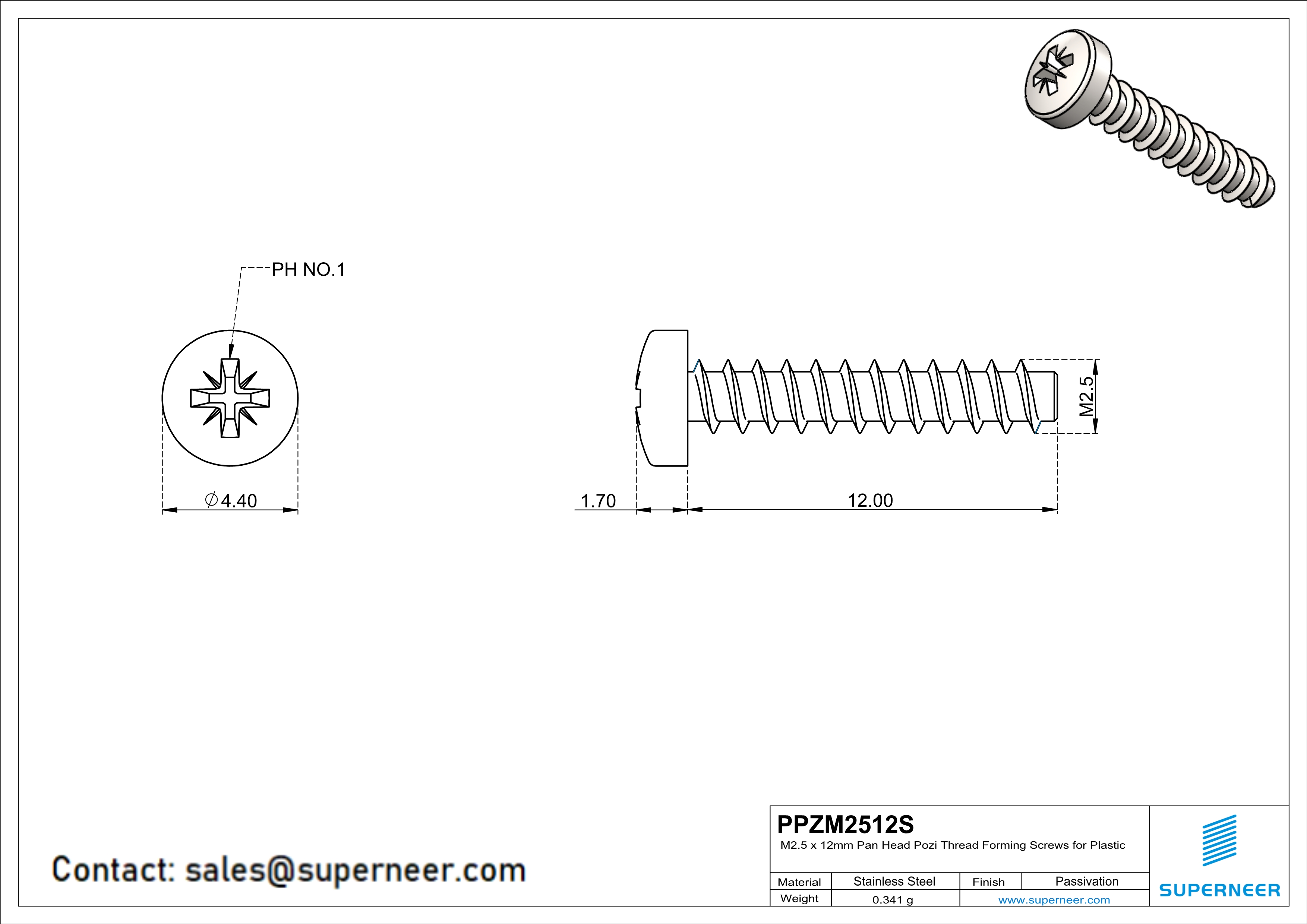 M2.5 × 12mm  Pan Head Pozi Thread Foming Screws for Plastic SUS304 Stainless Steel Inox