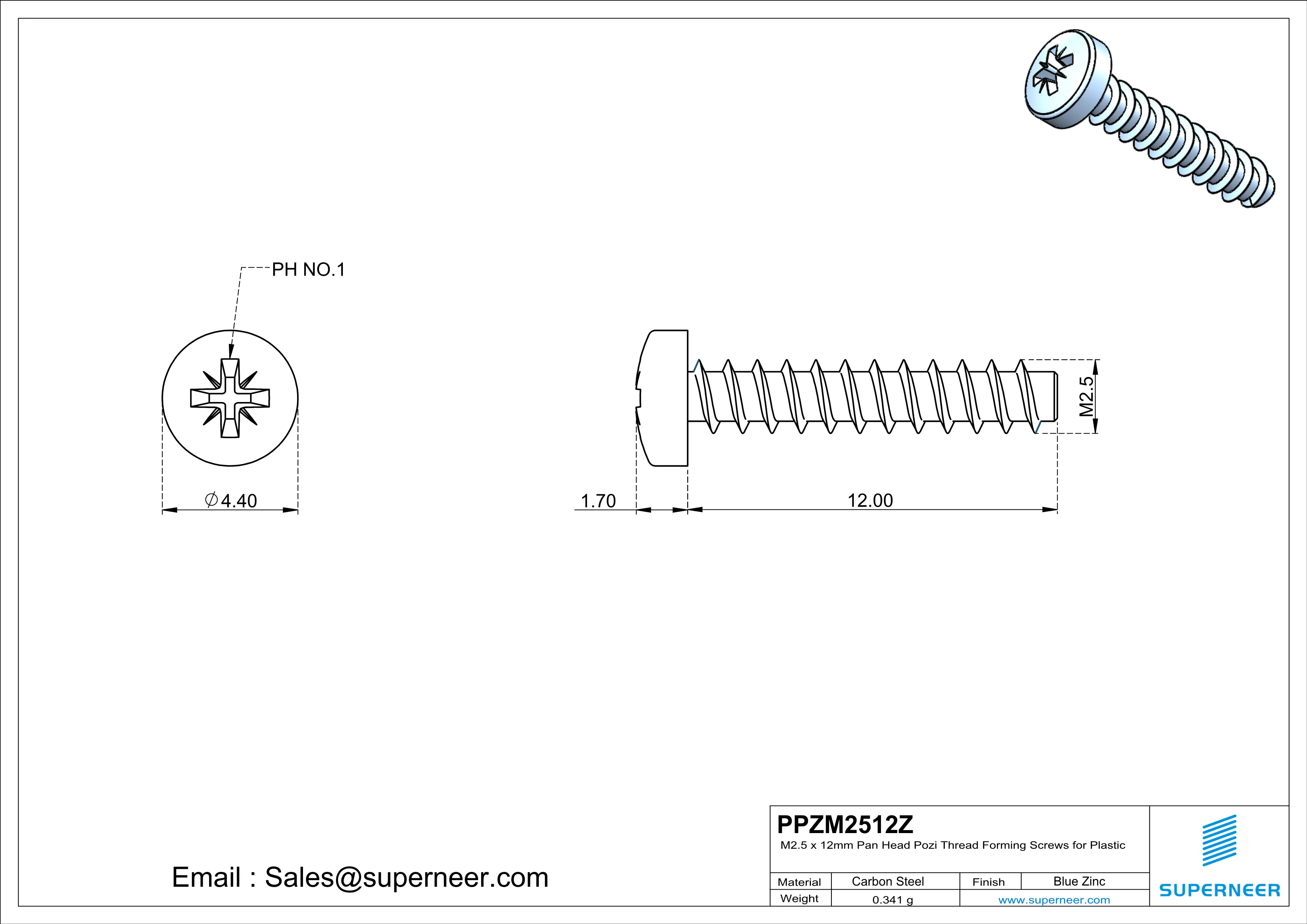 M2.5 × 12mm  Pan Head Pozi Thread Foming Screws for Plastic   Steel Blue Zinc Plated