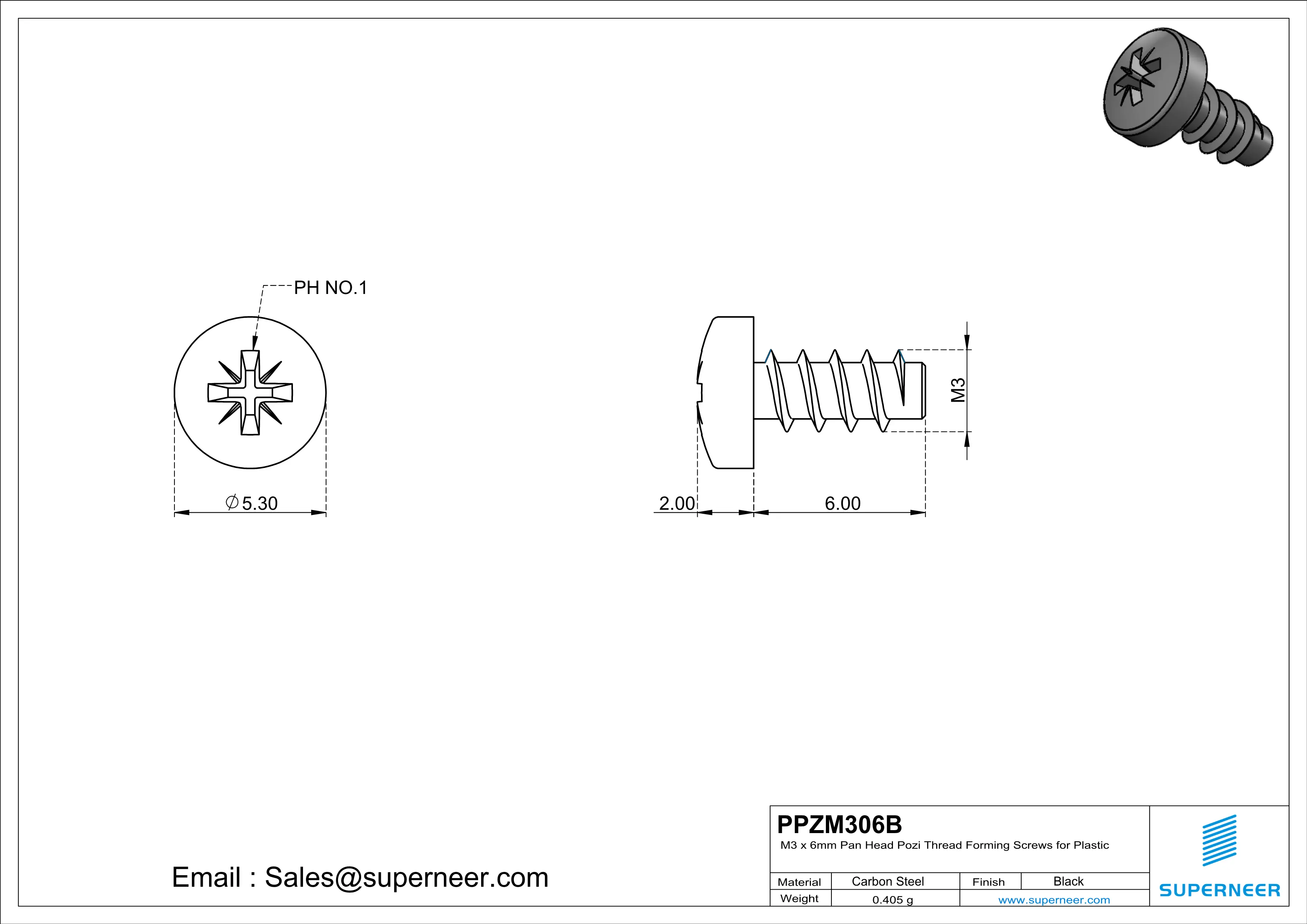 M3 × 6mm  Pan Head Pozi Thread Foming Screws for Plastic   Steel Black