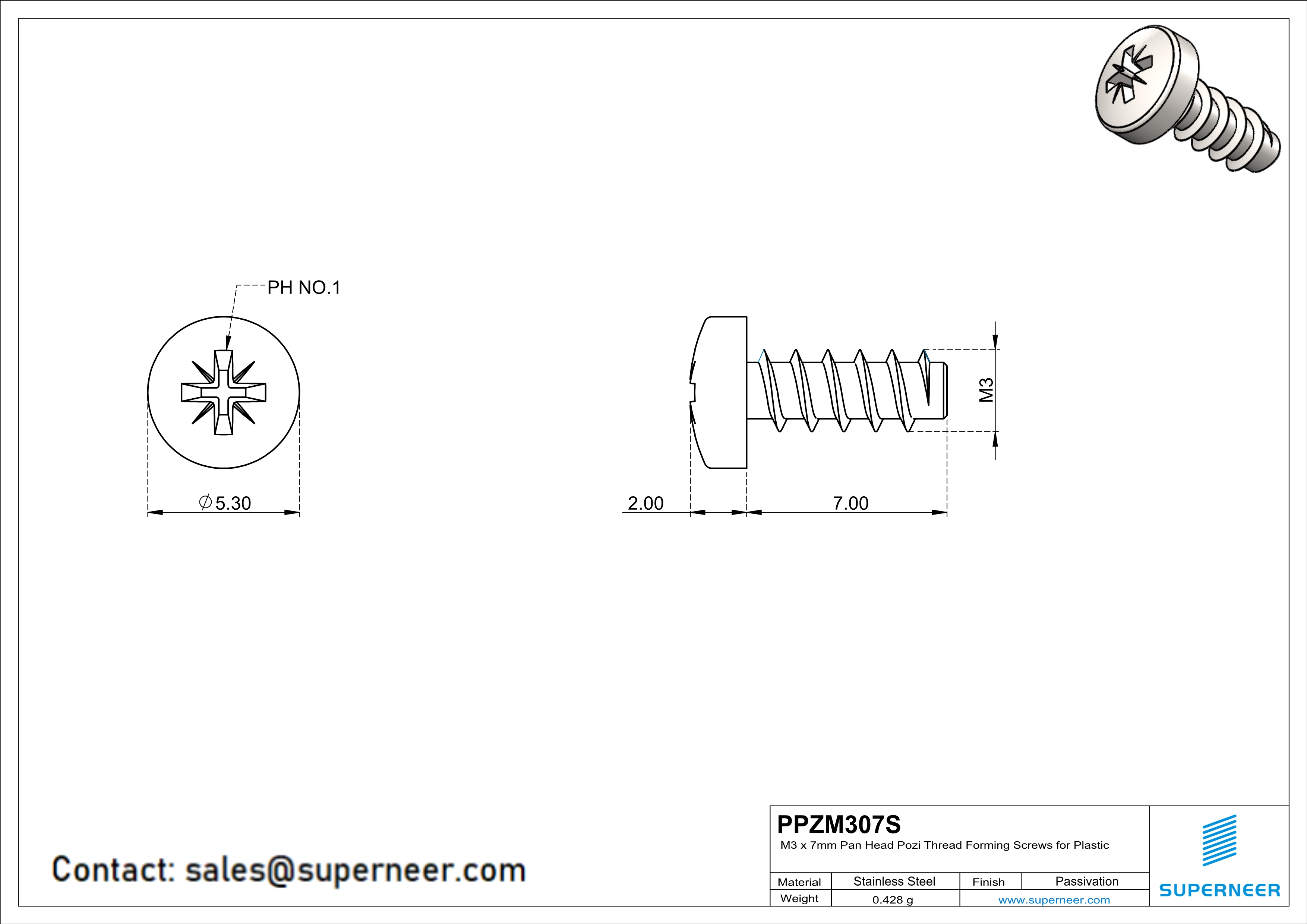 M3 × 7mm  Pan Head Pozi Thread Foming Screws for Plastic SUS304 Stainless Steel Inox