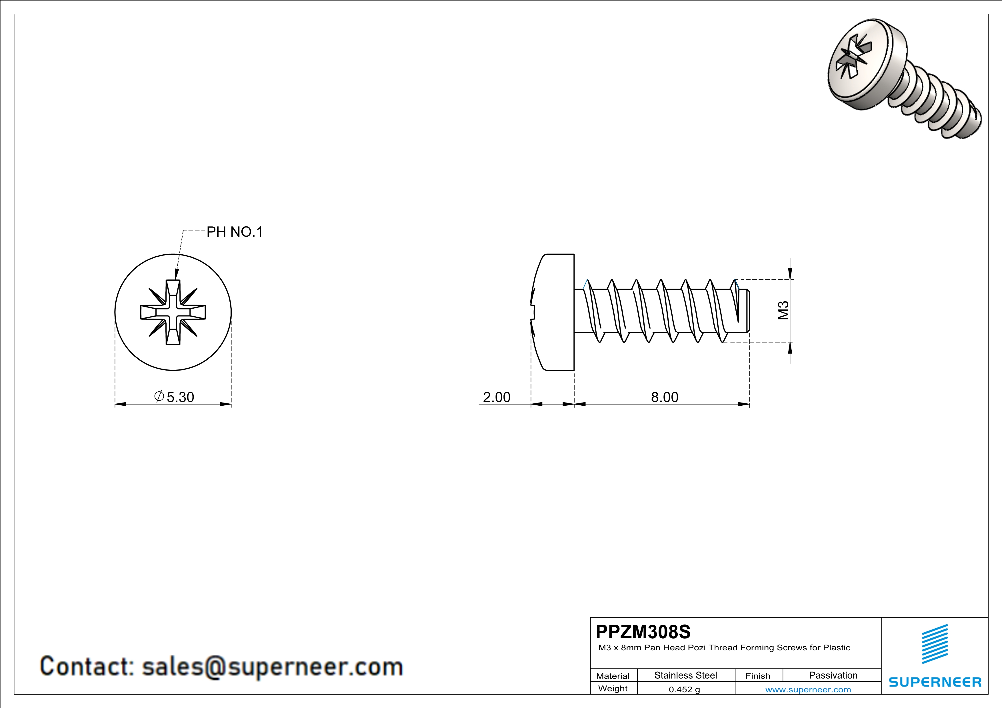 M3 × 8mm  Pan Head Pozi Thread Foming Screws for Plastic SUS304 Stainless Steel Inox