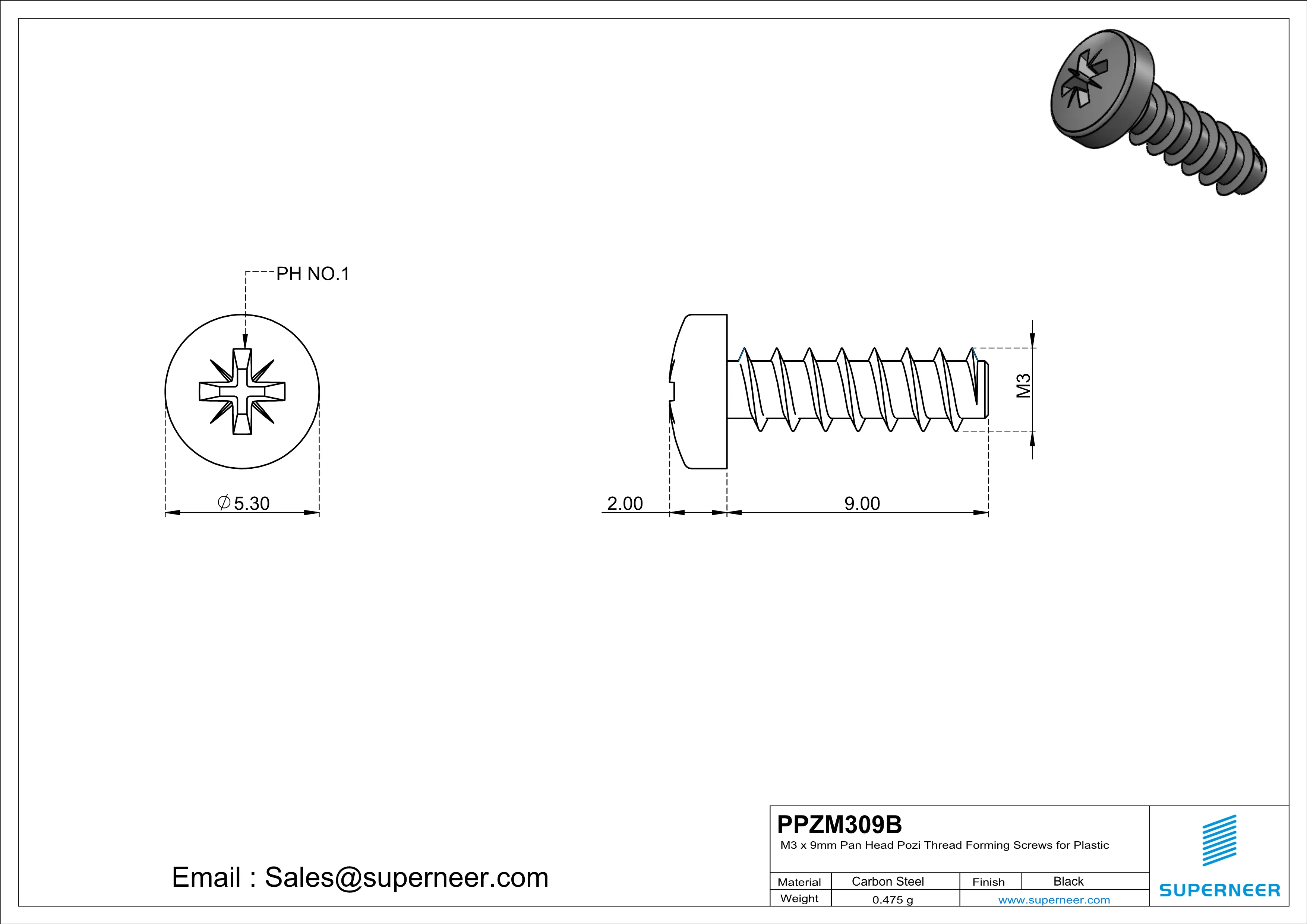 M3 × 9mm  Pan Head Pozi Thread Foming Screws for Plastic   Steel Black