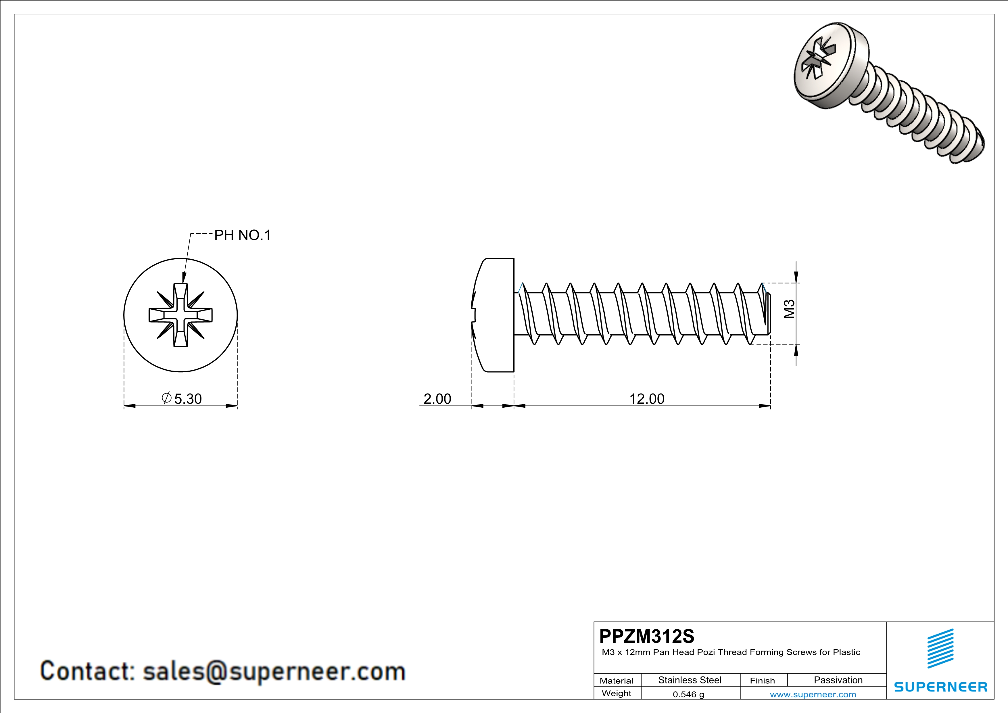 M3 × 12mm  Pan Head Pozi Thread Foming Screws for Plastic SUS304 Stainless Steel Inox