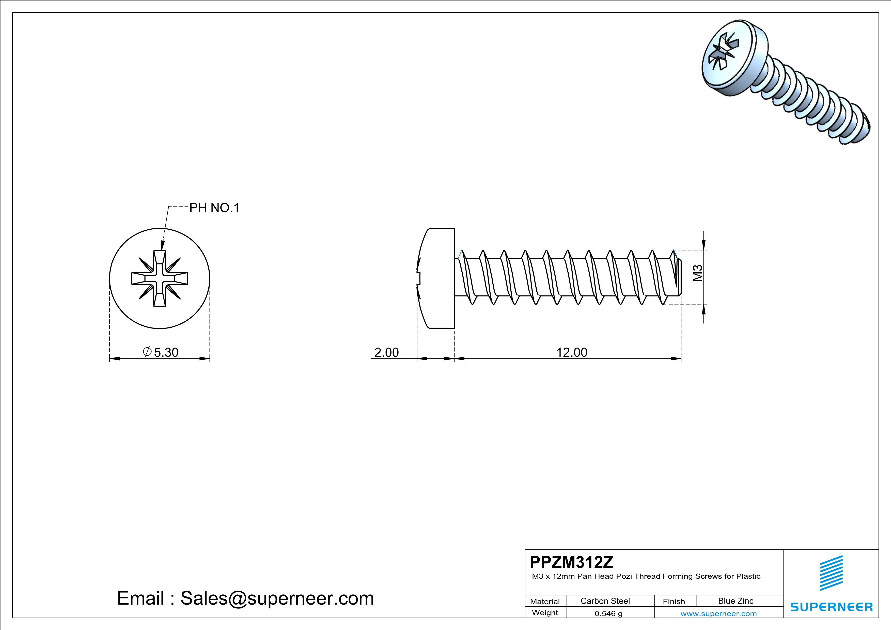 M3 × 12mm  Pan Head Pozi Thread Foming Screws for Plastic   Steel Blue Zinc Plated