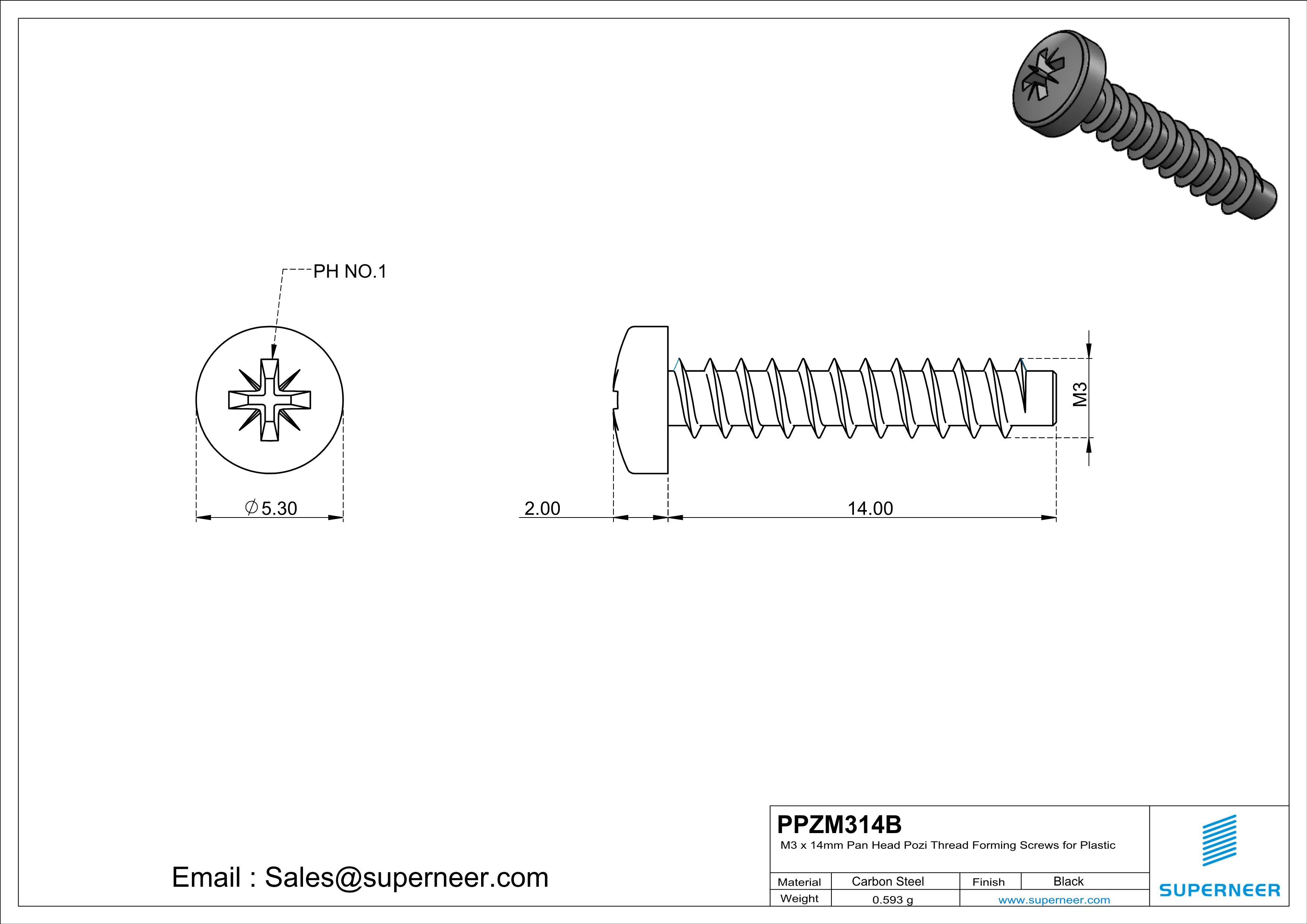 M3 × 14mm  Pan Head Pozi Thread Foming Screws for Plastic   Steel Black