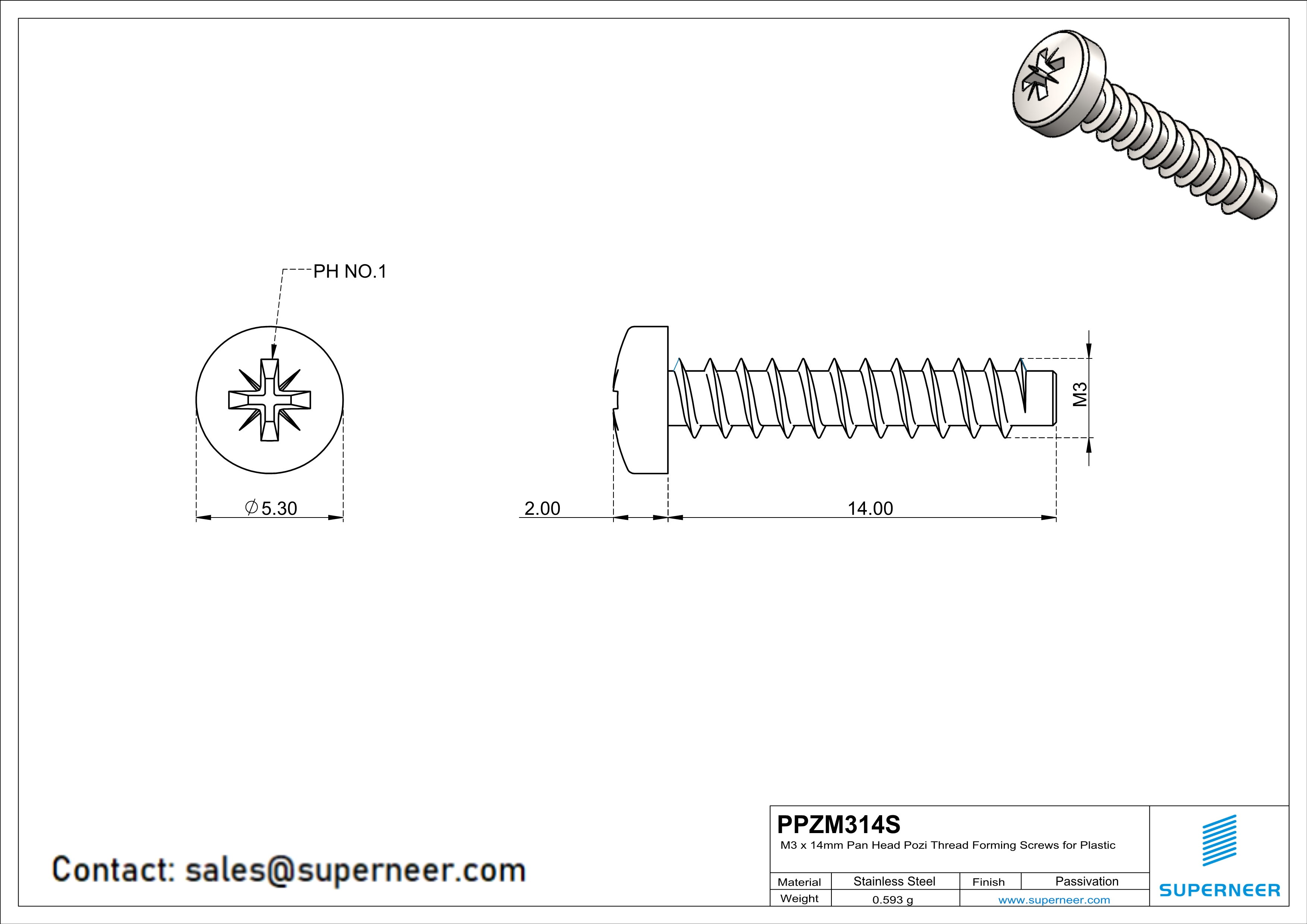 M3 × 14mm  Pan Head Pozi Thread Foming Screws for Plastic SUS304 Stainless Steel Inox