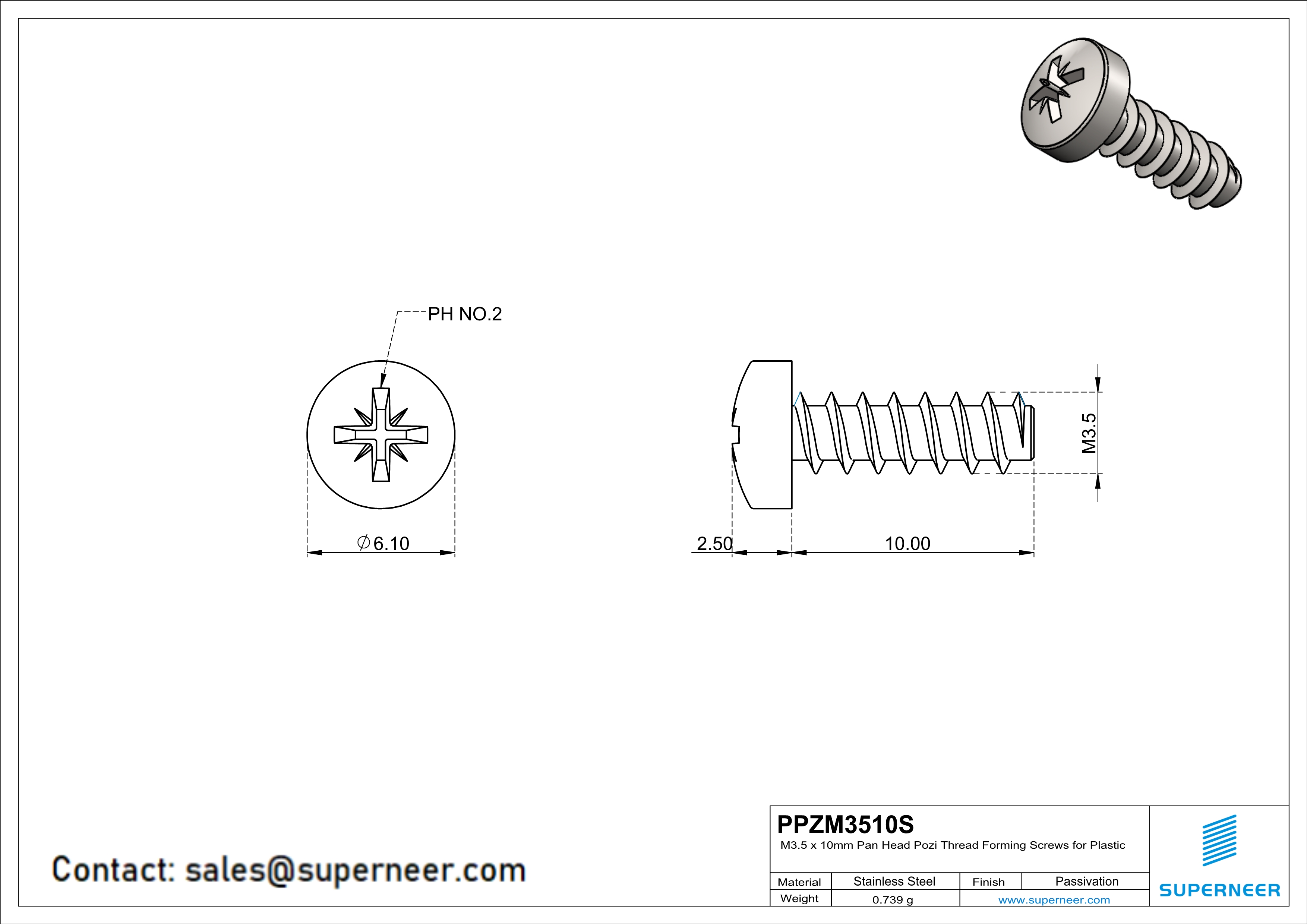 M3.5 × 10mm  Pan Head Pozi Thread Foming Screws for Plastic SUS304 Stainless Steel Inox