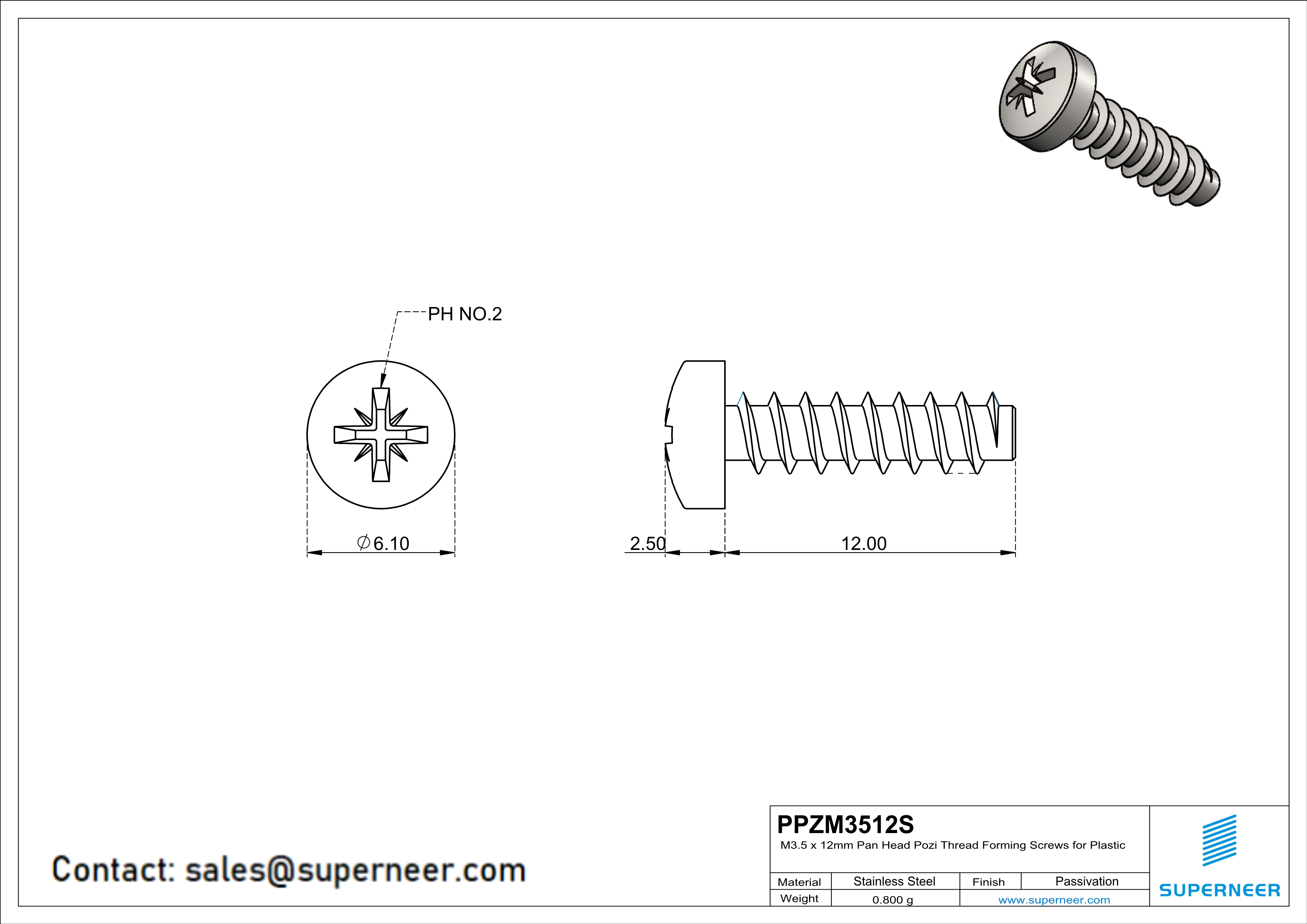 M3.5 × 12mm  Pan Head Pozi Thread Foming Screws for Plastic SUS304 Stainless Steel Inox