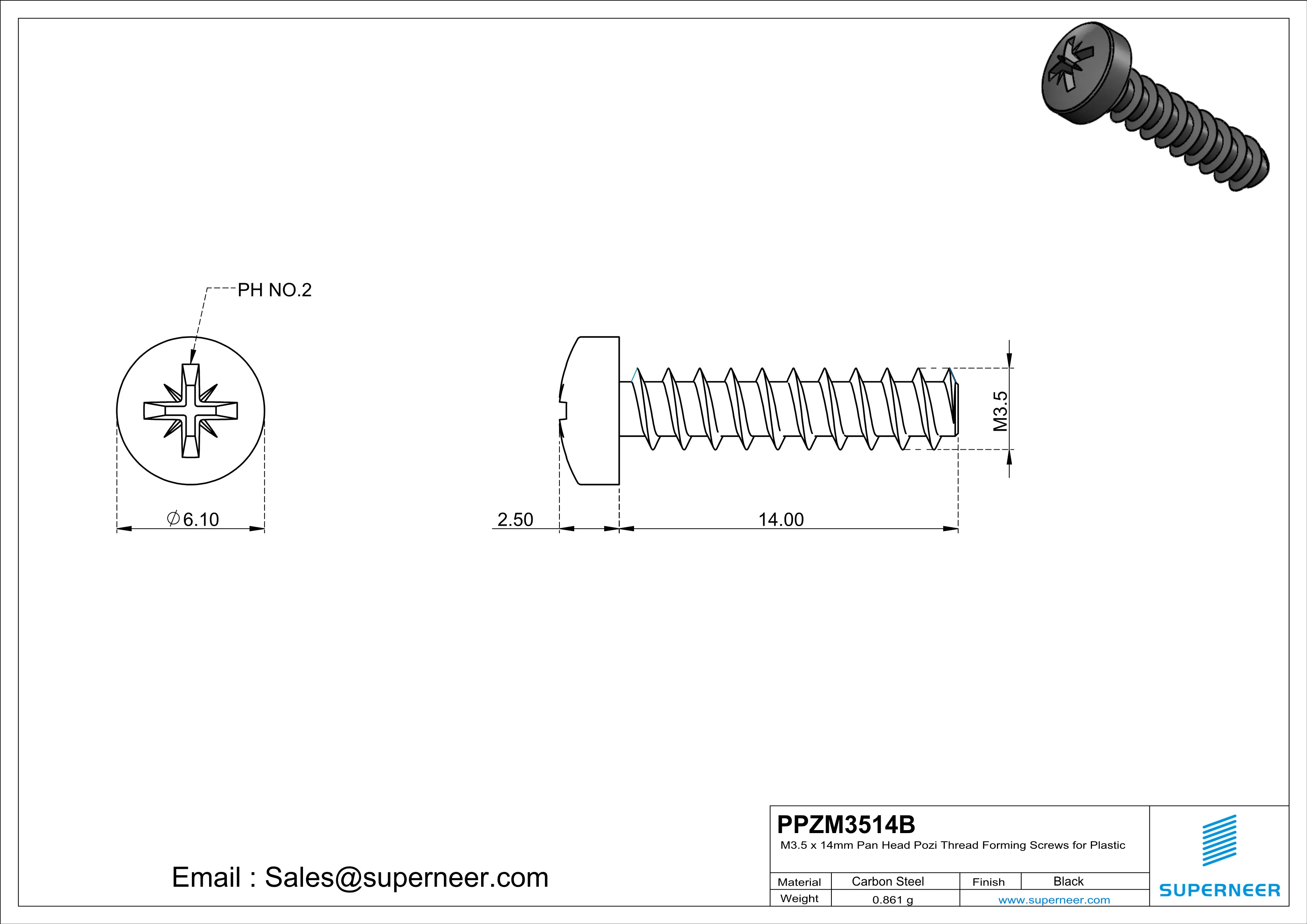 M3.5 × 14mm  Pan Head Pozi Thread Foming Screws for Plastic   Steel Black