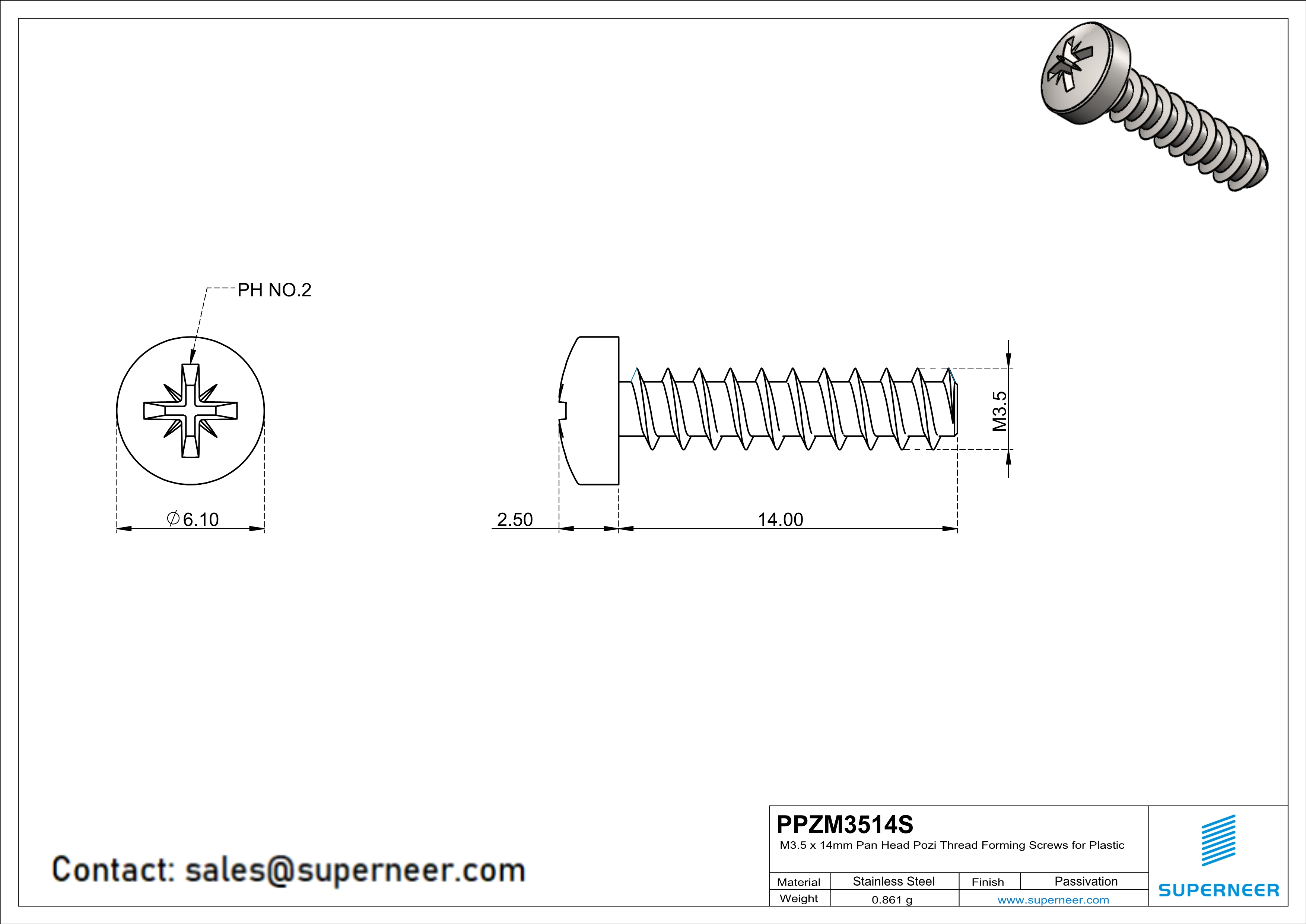 M3.5 × 14mm  Pan Head Pozi Thread Foming Screws for Plastic SUS304 Stainless Steel Inox