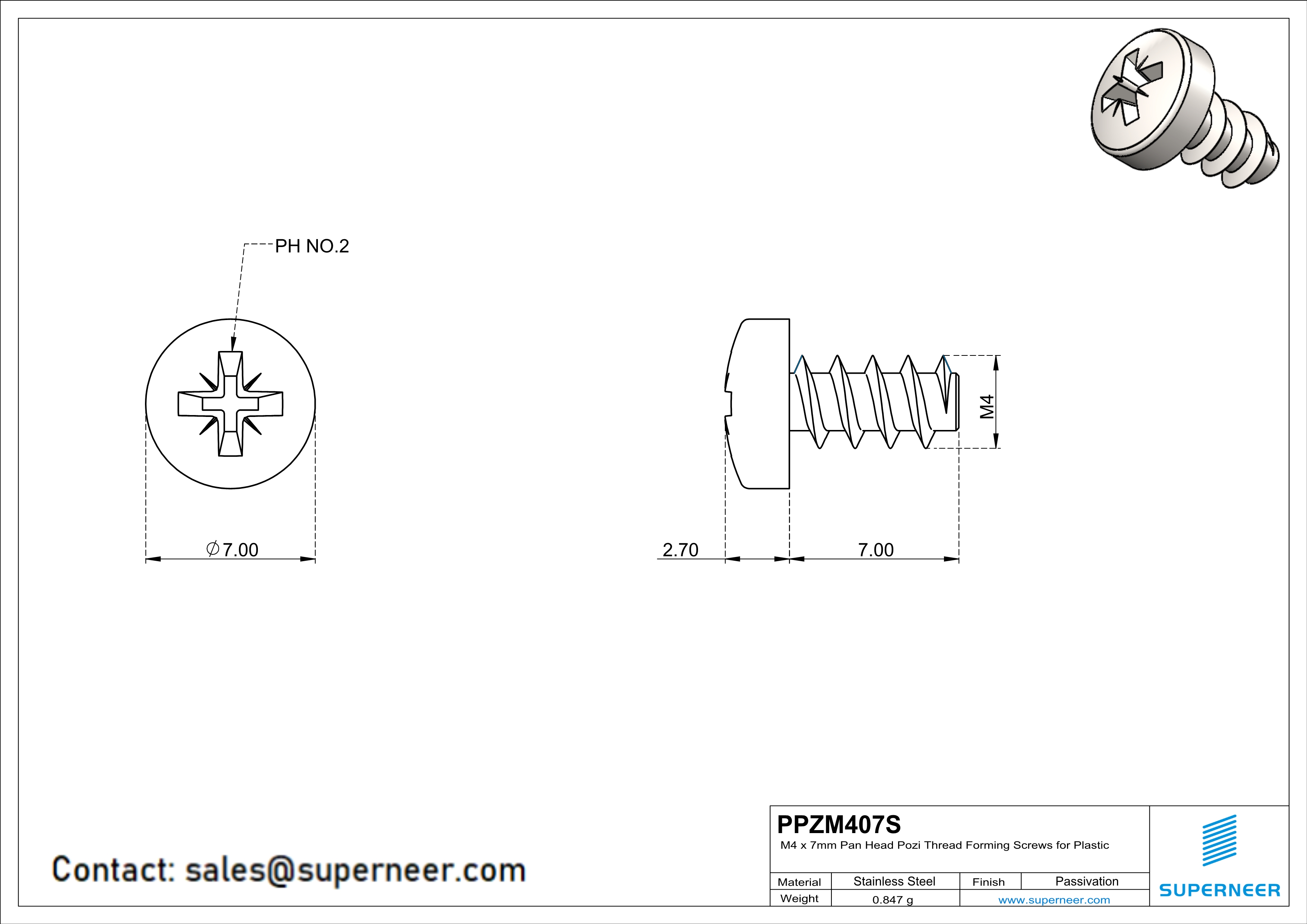 M4 × 7mm  Pan Head Pozi Thread Foming Screws for Plastic SUS304 Stainless Steel Inox