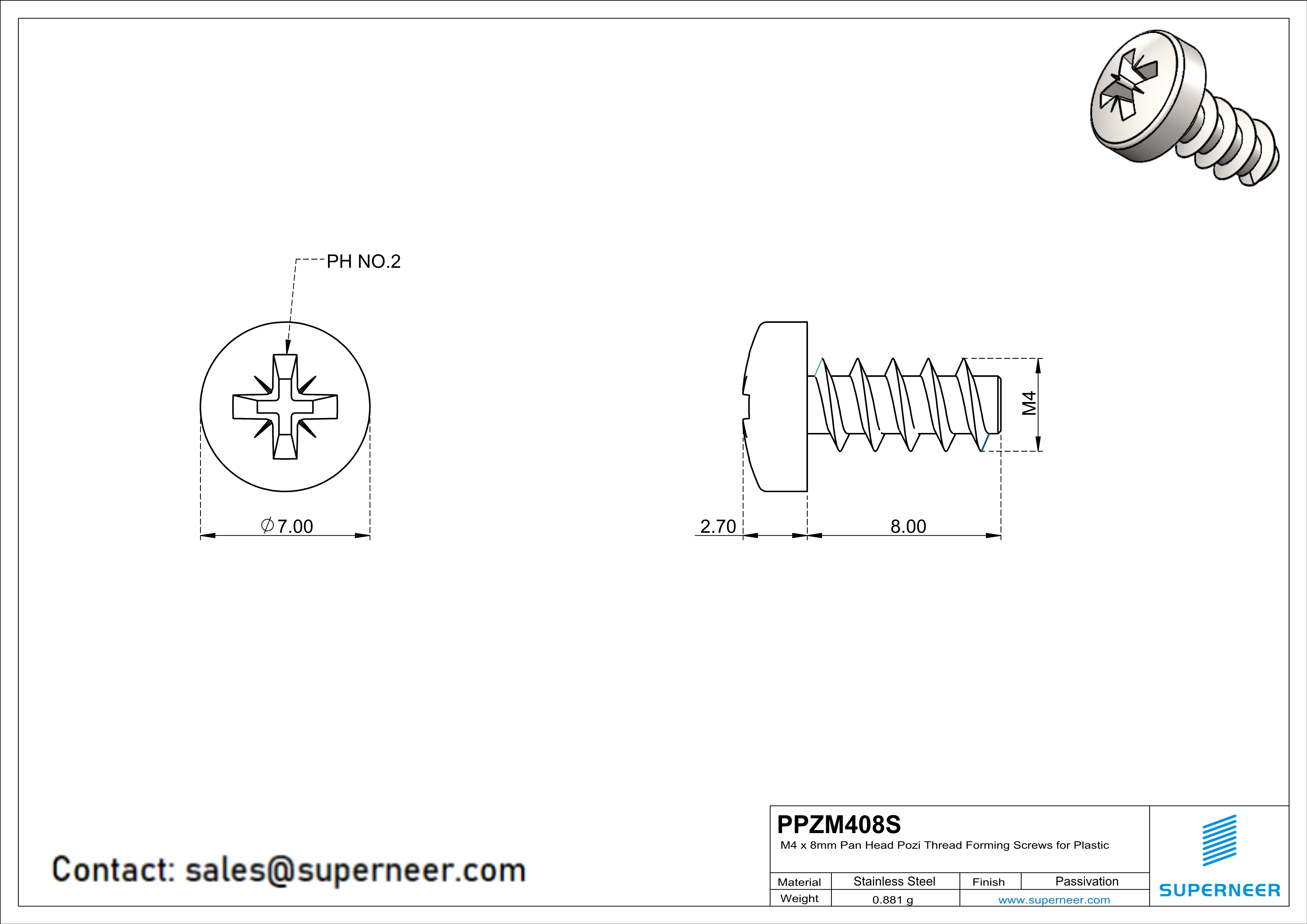 M4 × 8mm  Pan Head Pozi Thread Foming Screws for Plastic SUS304 Stainless Steel Inox