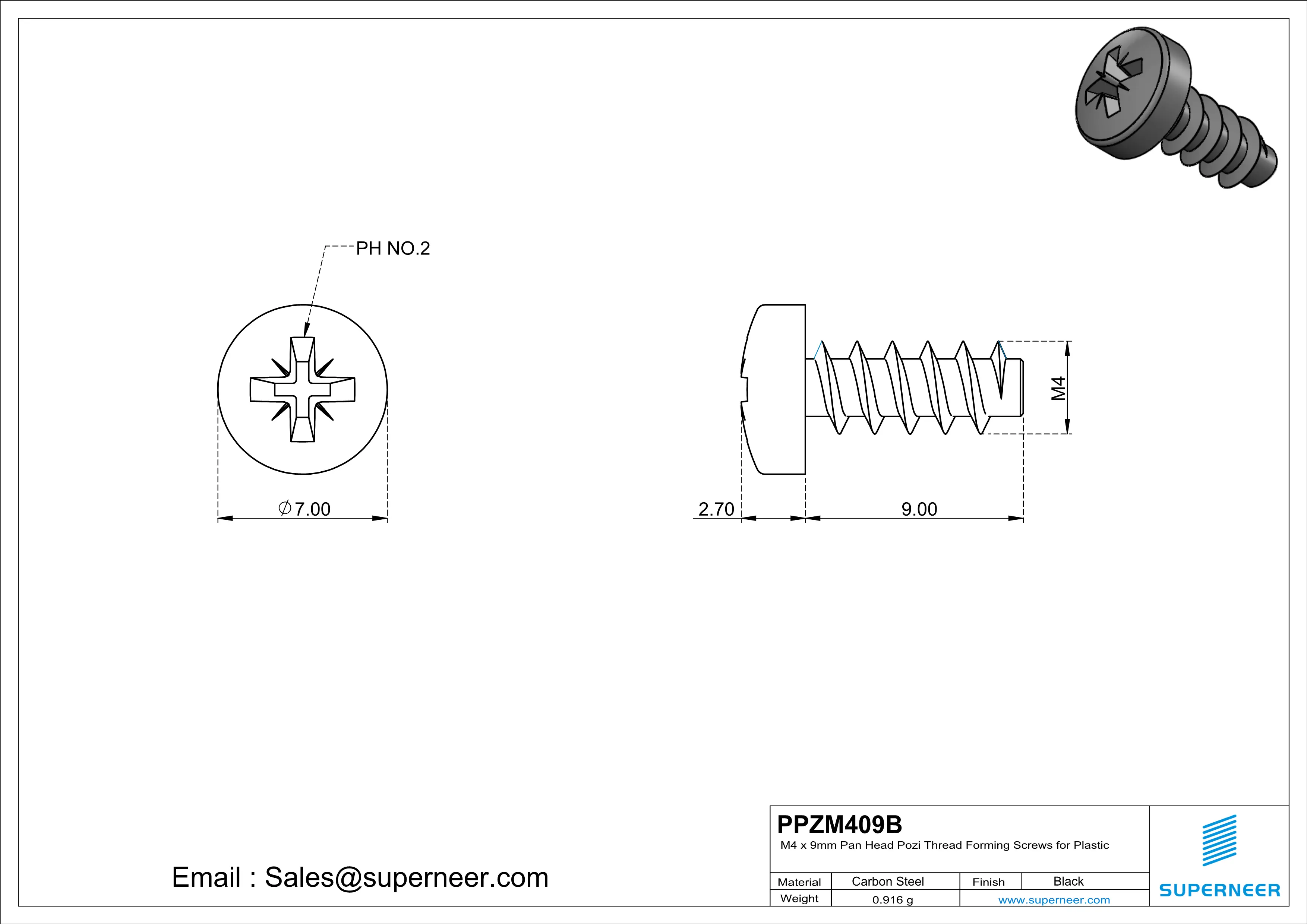 M4 × 9mm  Pan Head Pozi Thread Foming Screws for Plastic   Steel Black