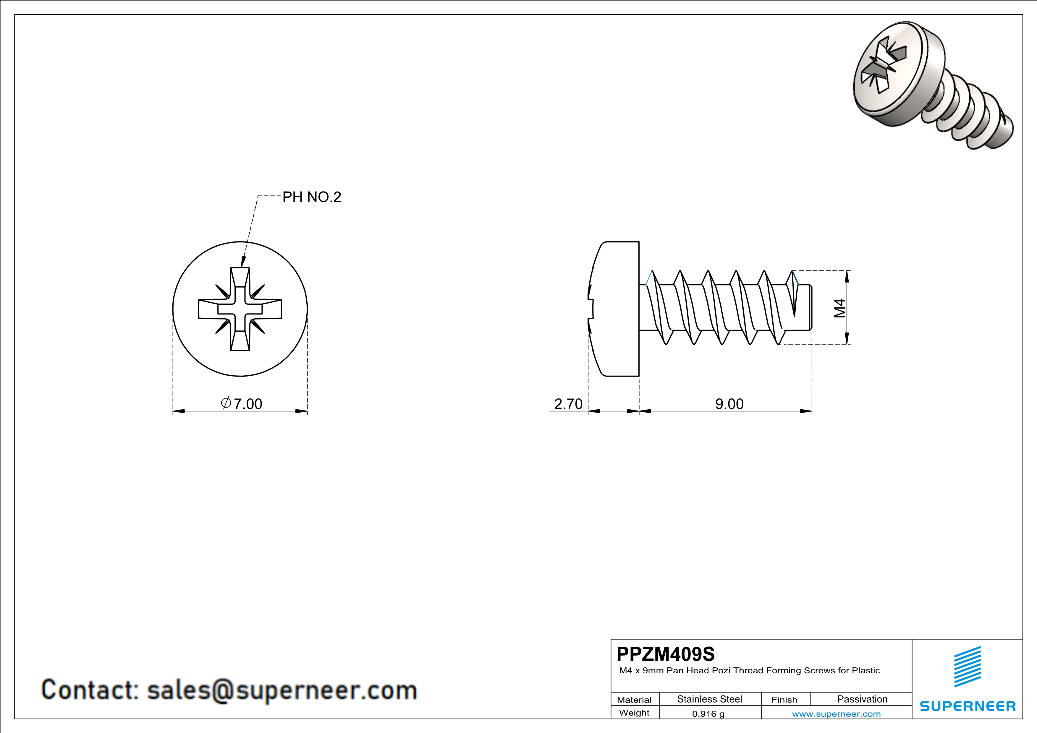 M4 × 9mm  Pan Head Pozi Thread Foming Screws for Plastic SUS304 Stainless Steel Inox