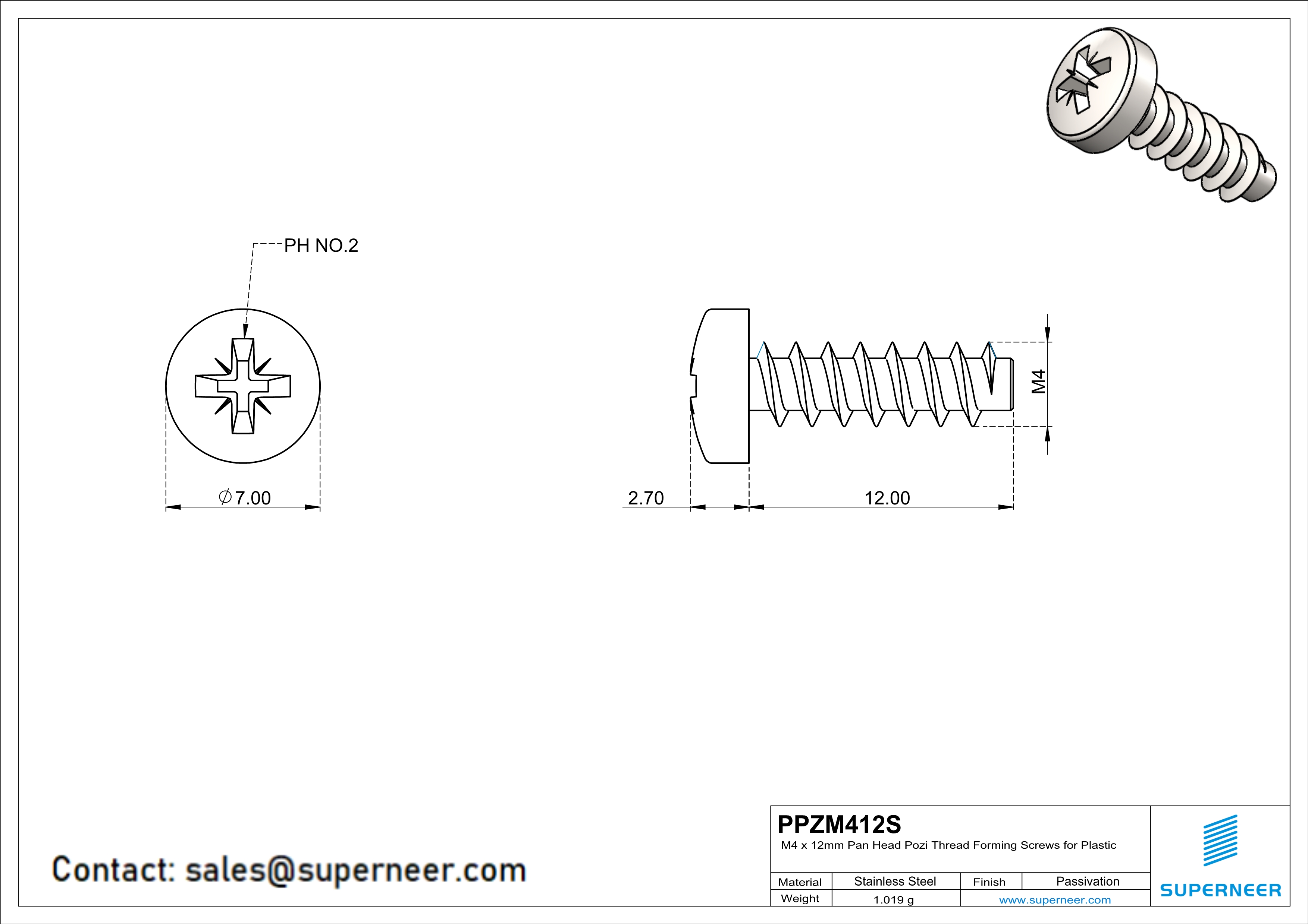 M4 × 12mm  Pan Head Pozi Thread Foming Screws for Plastic SUS304 Stainless Steel Inox