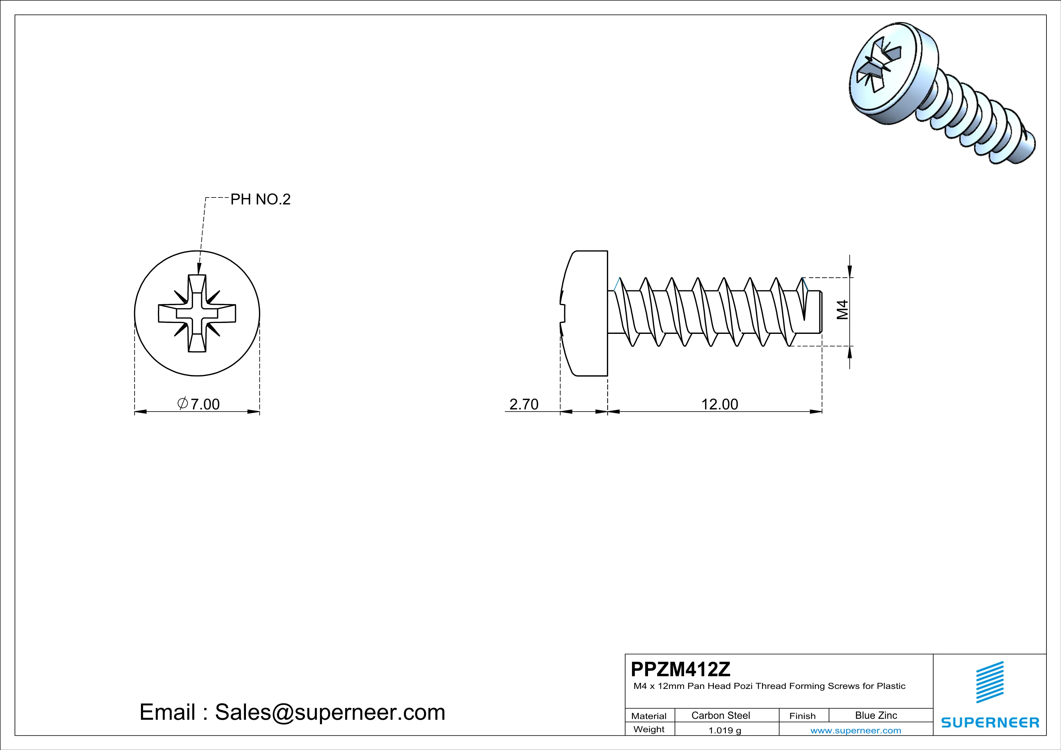 M4 × 12mm  Pan Head Pozi Thread Foming Screws for Plastic   Steel Blue Zinc Plated