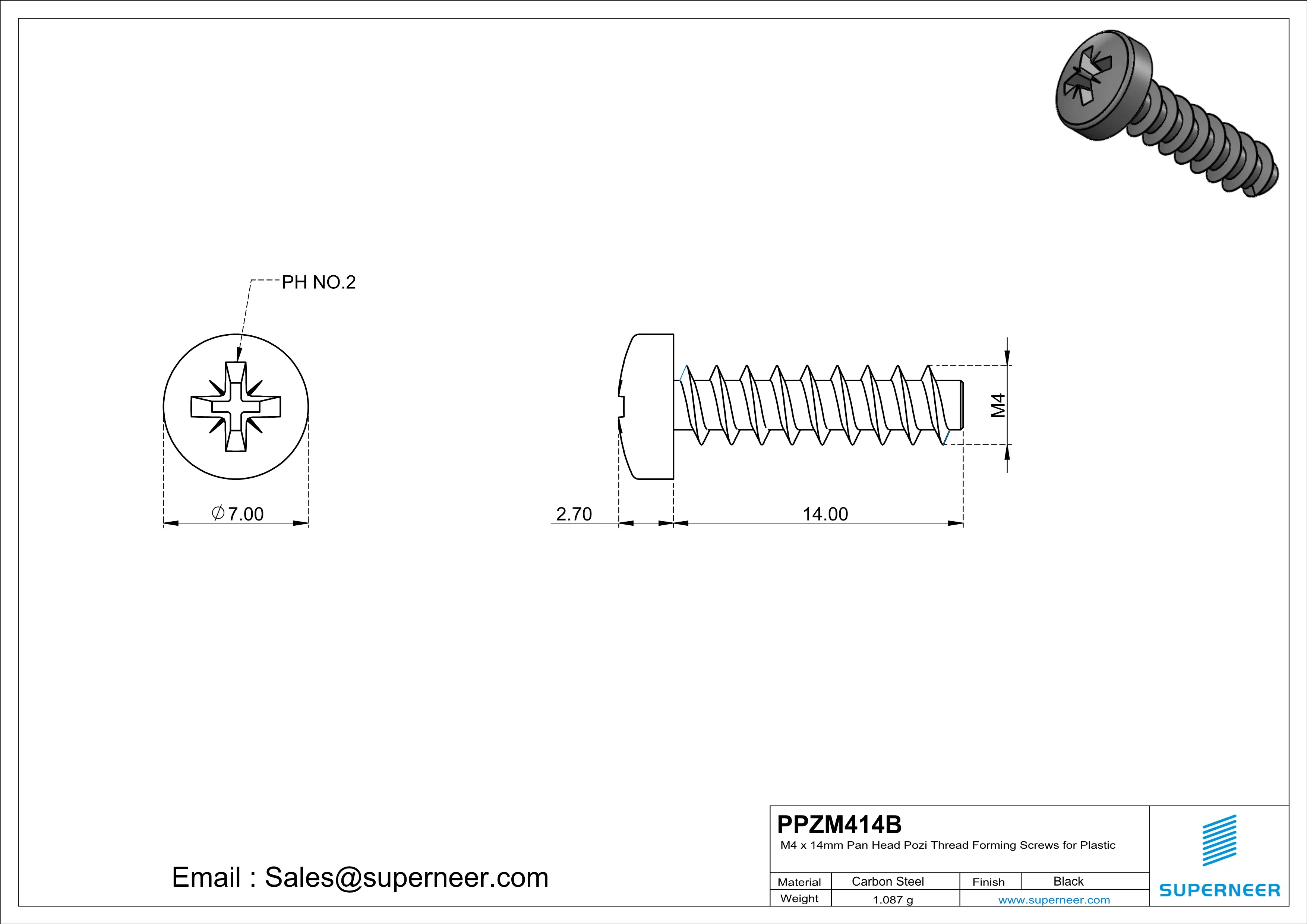 M4 × 14mm  Pan Head Pozi Thread Foming Screws for Plastic   Steel Black