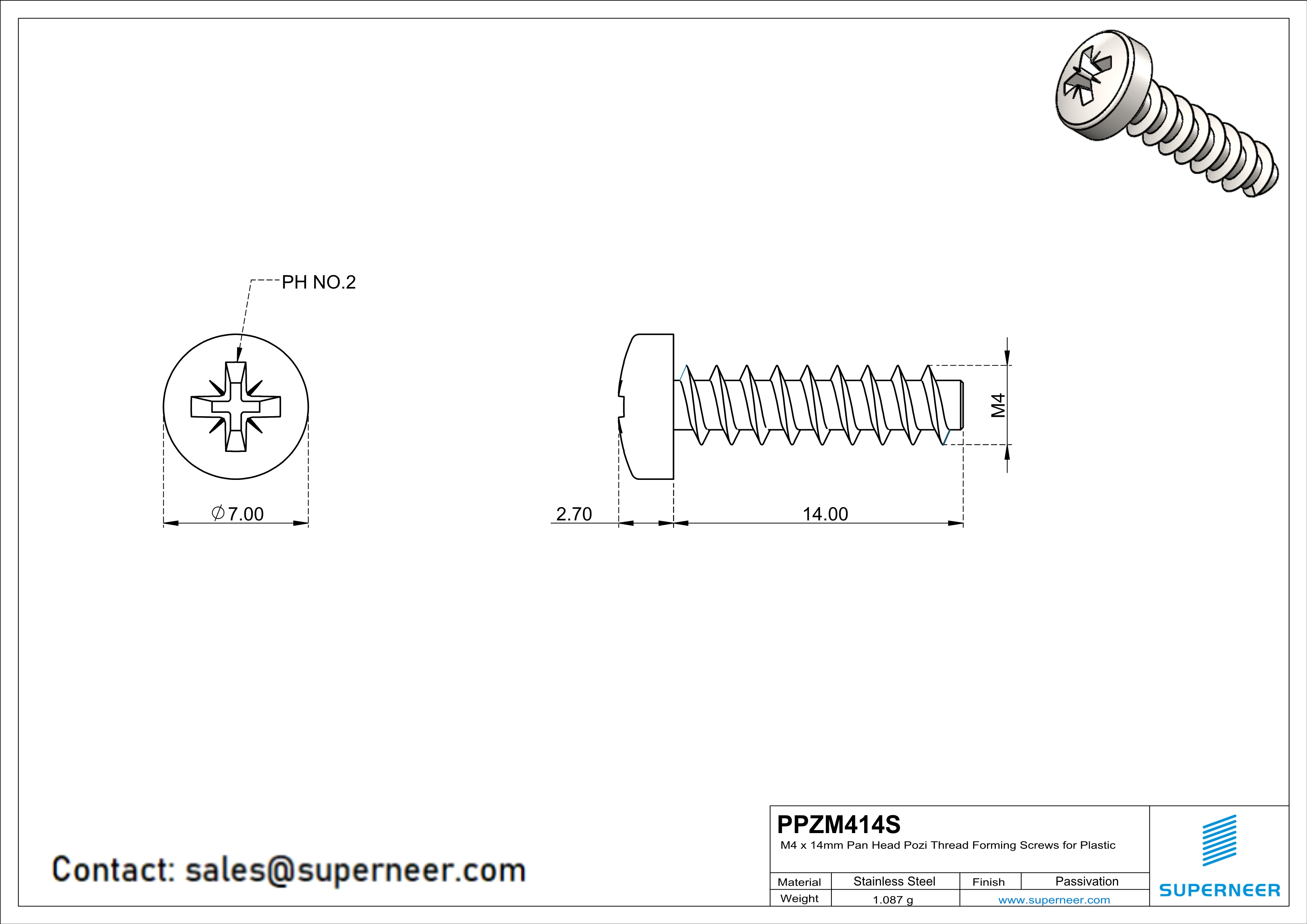 M4 × 14mm  Pan Head Pozi Thread Foming Screws for Plastic SUS304 Stainless Steel Inox