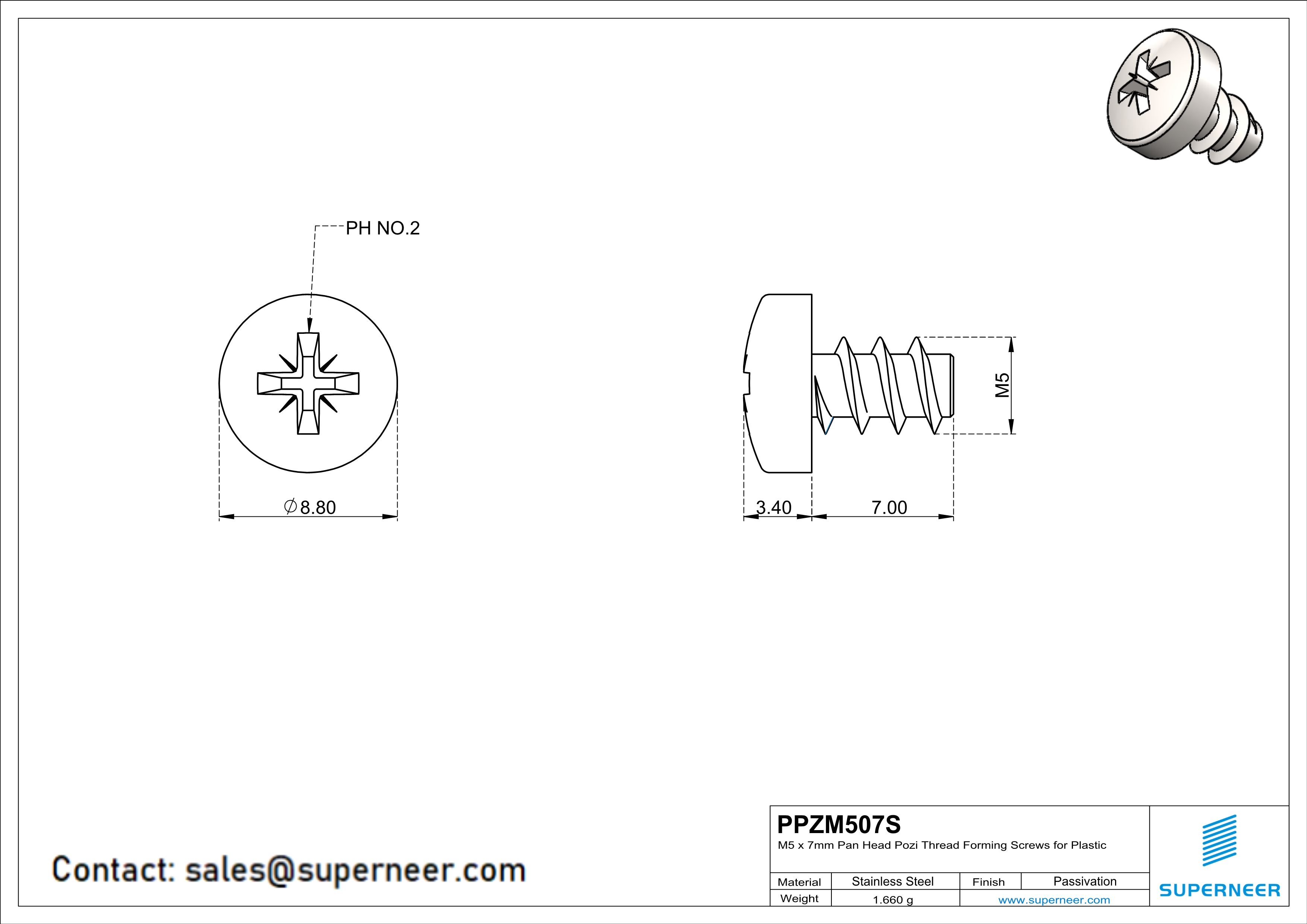 M5 × 7mm  Pan Head Pozi Thread Foming Screws for Plastic SUS304 Stainless Steel Inox