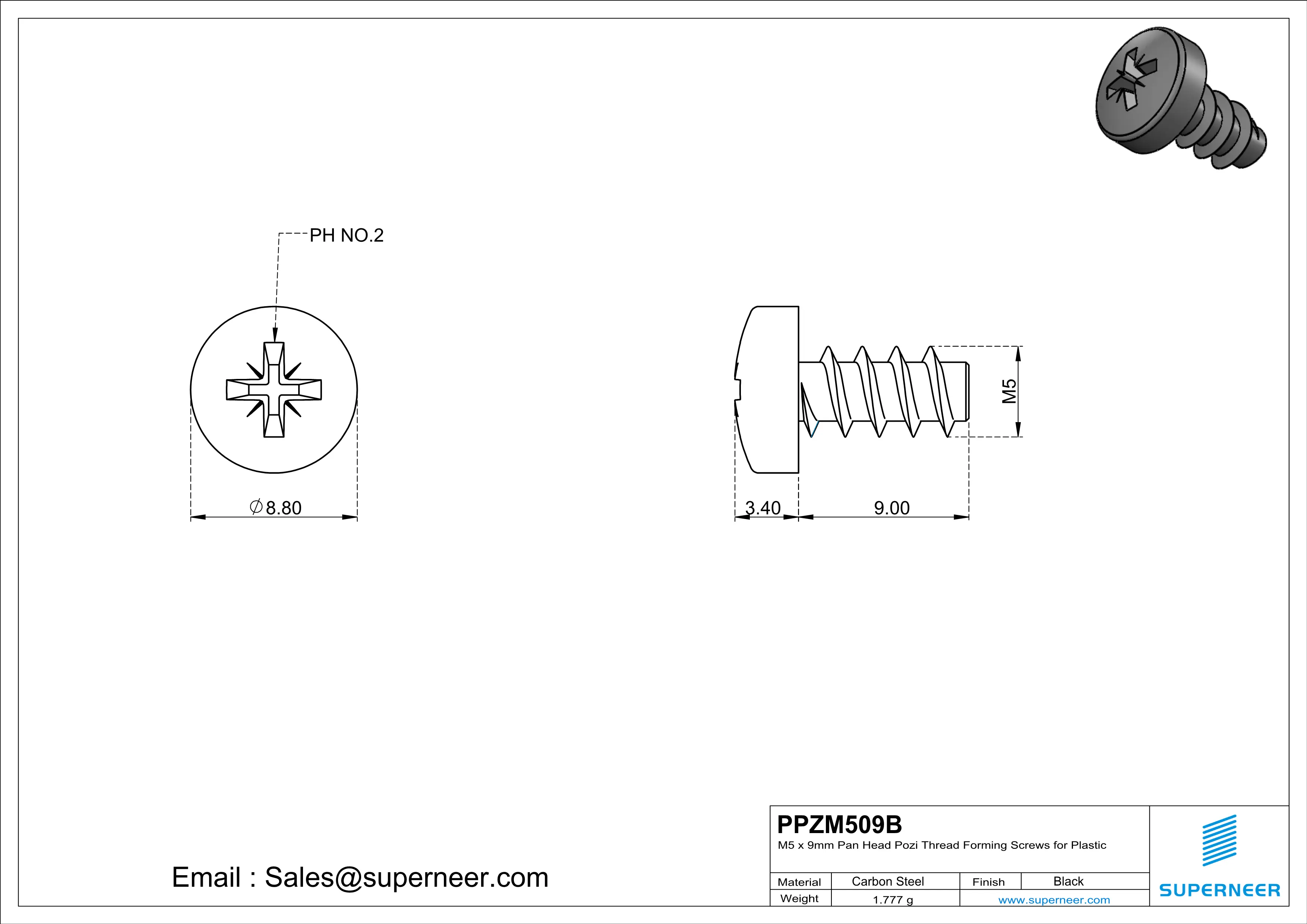 M5 × 9mm  Pan Head Pozi Thread Foming Screws for Plastic   Steel Black