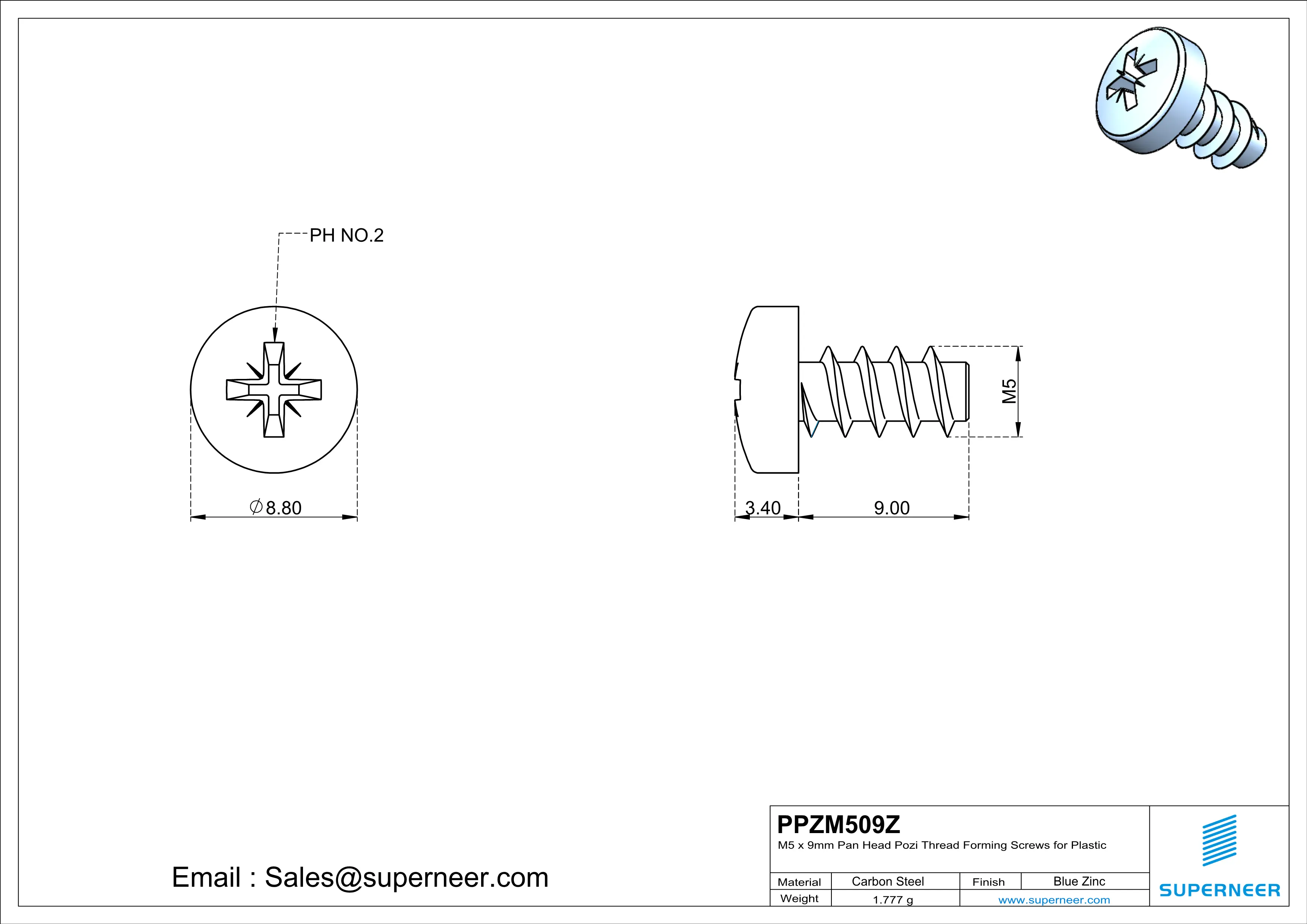 M5 × 9mm  Pan Head Pozi Thread Foming Screws for Plastic   Steel Blue Zinc Plated