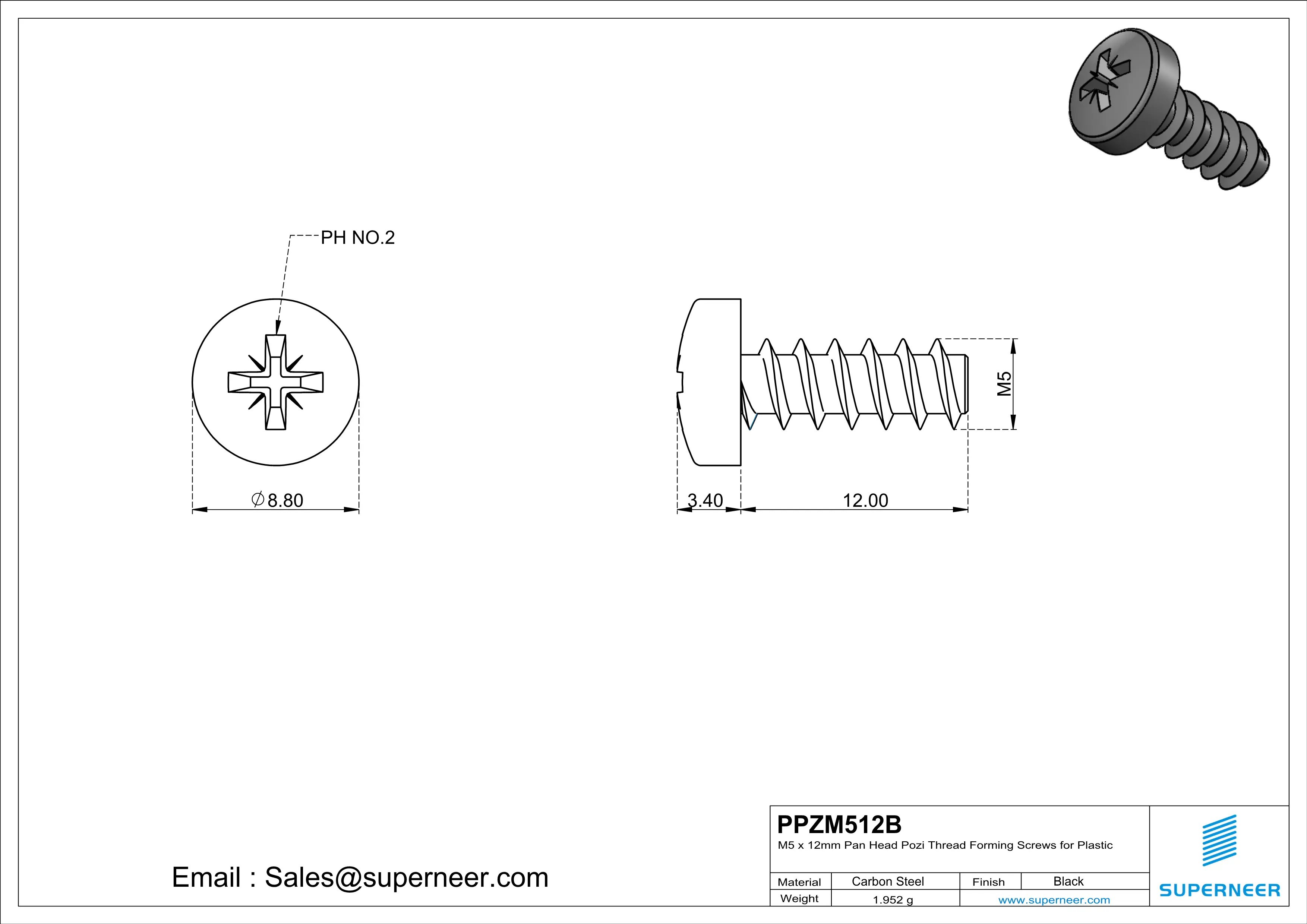 M5 × 12mm  Pan Head Pozi Thread Foming Screws for Plastic   Steel Black