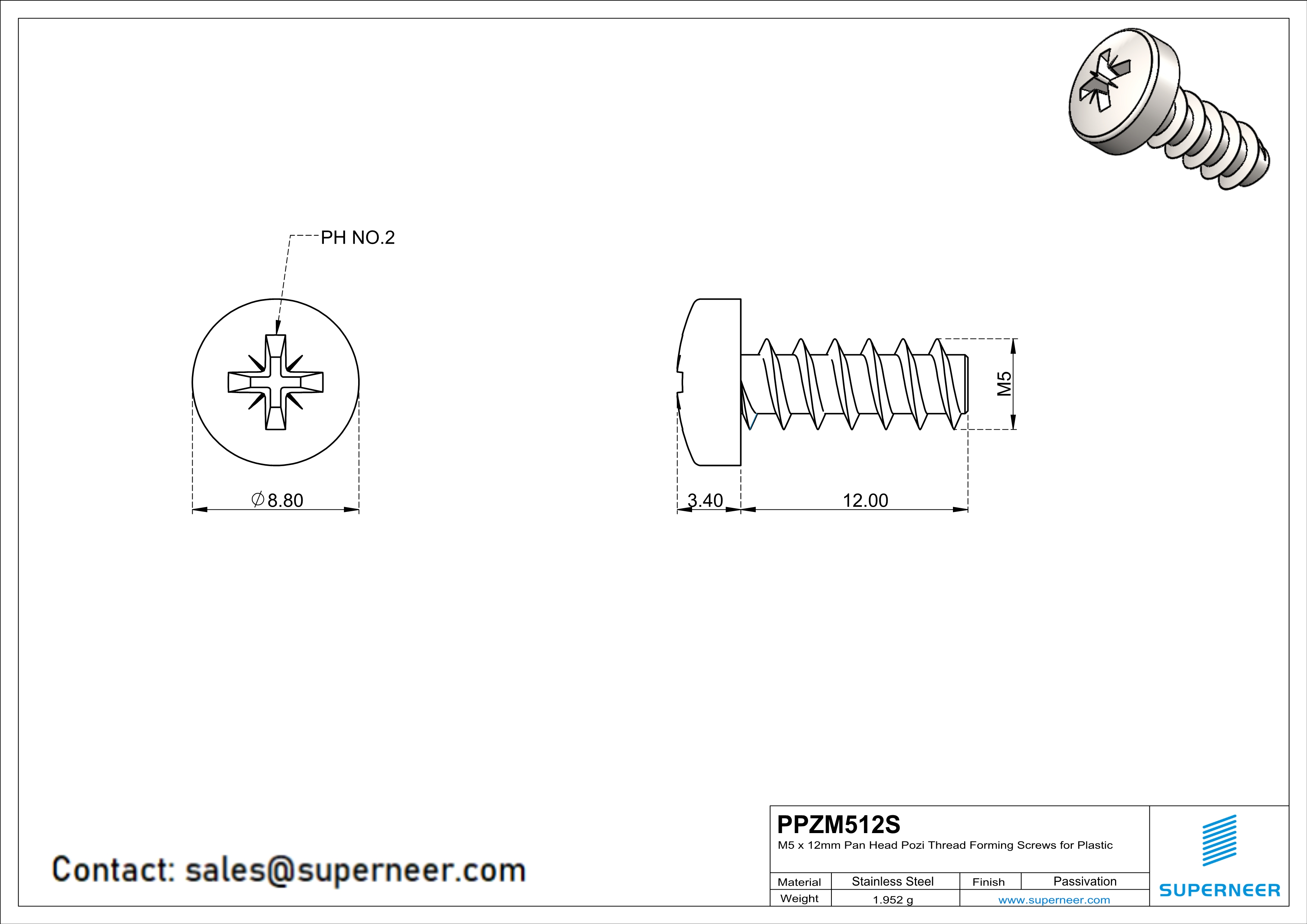 M5 × 12mm  Pan Head Pozi Thread Foming Screws for Plastic SUS304 Stainless Steel Inox