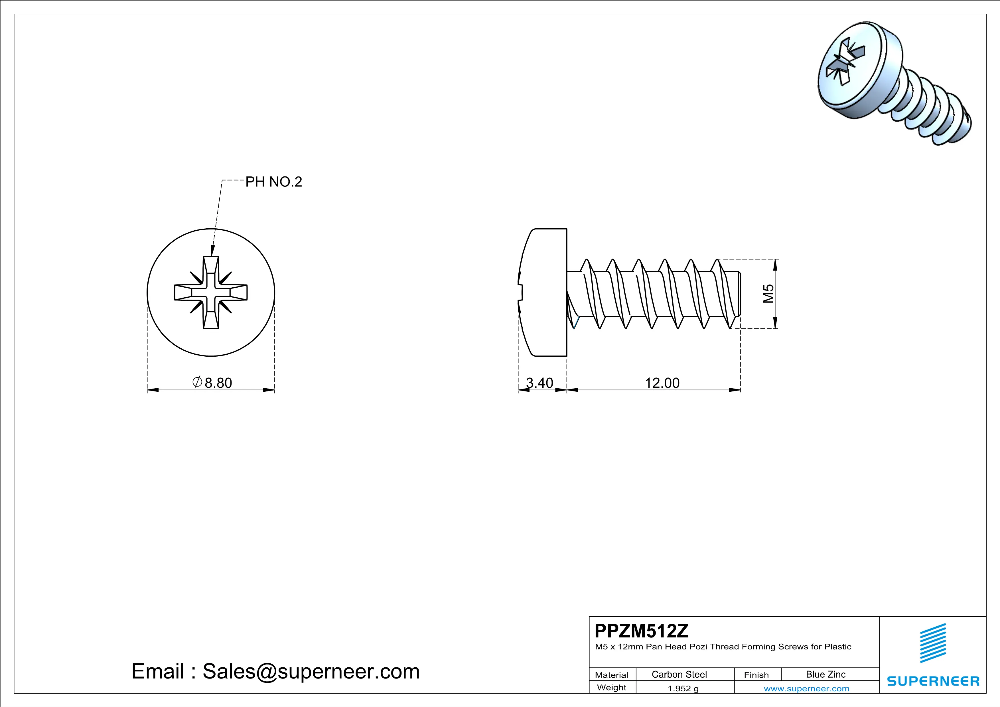 M5 × 12mm  Pan Head Pozi Thread Foming Screws for Plastic   Steel Blue Zinc Plated