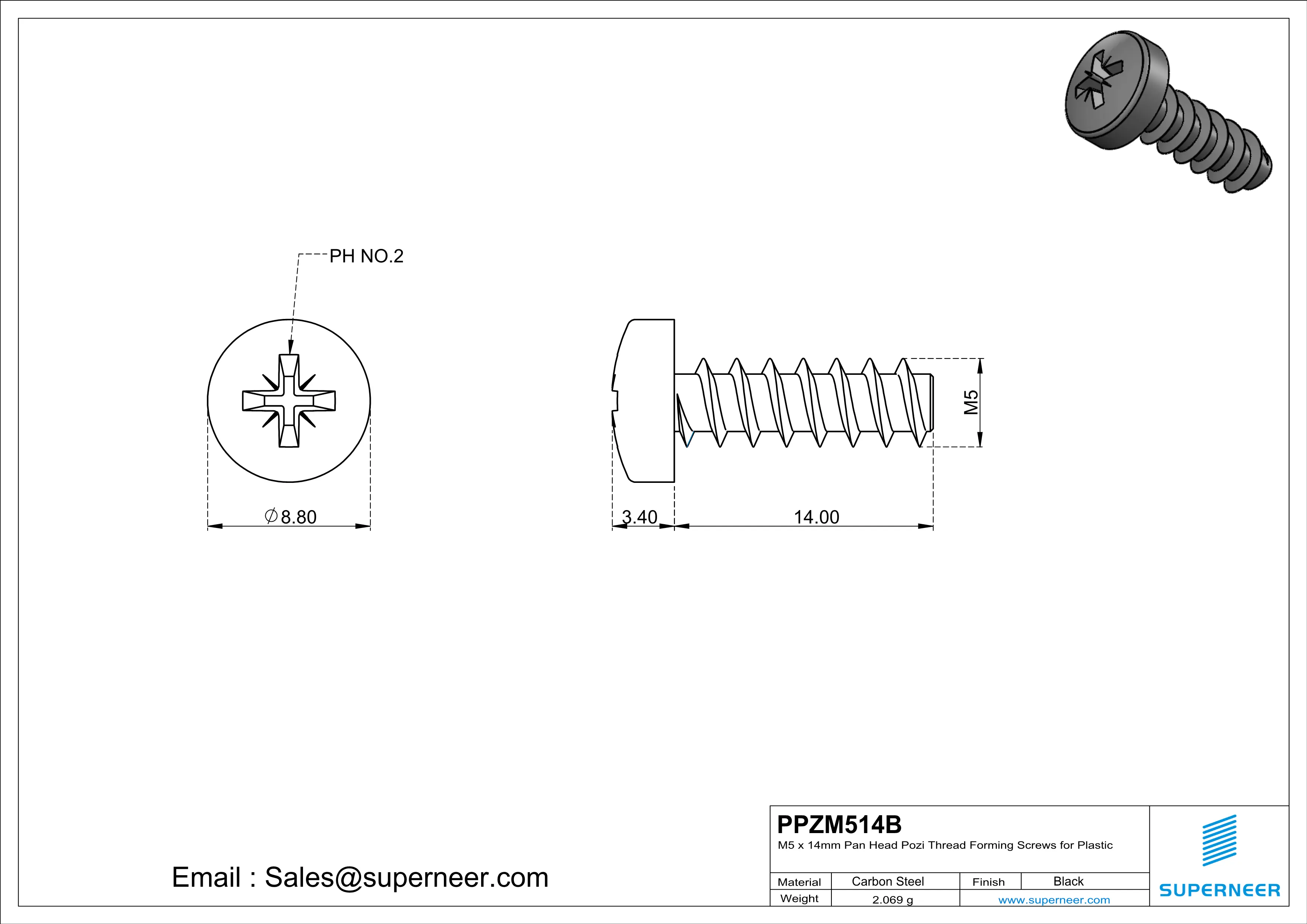 M5 × 14mm  Pan Head Pozi Thread Foming Screws for Plastic   Steel Black